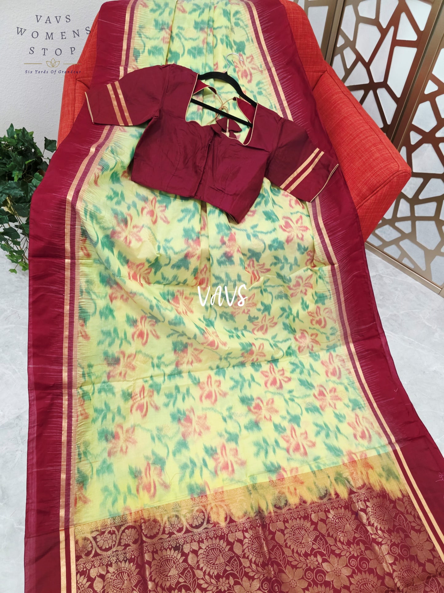 Pale Citron Green & Wine Maroon Vegan Silk Pochampally Woven Saree with Stitched Blouse Size 36, Extendable to 42