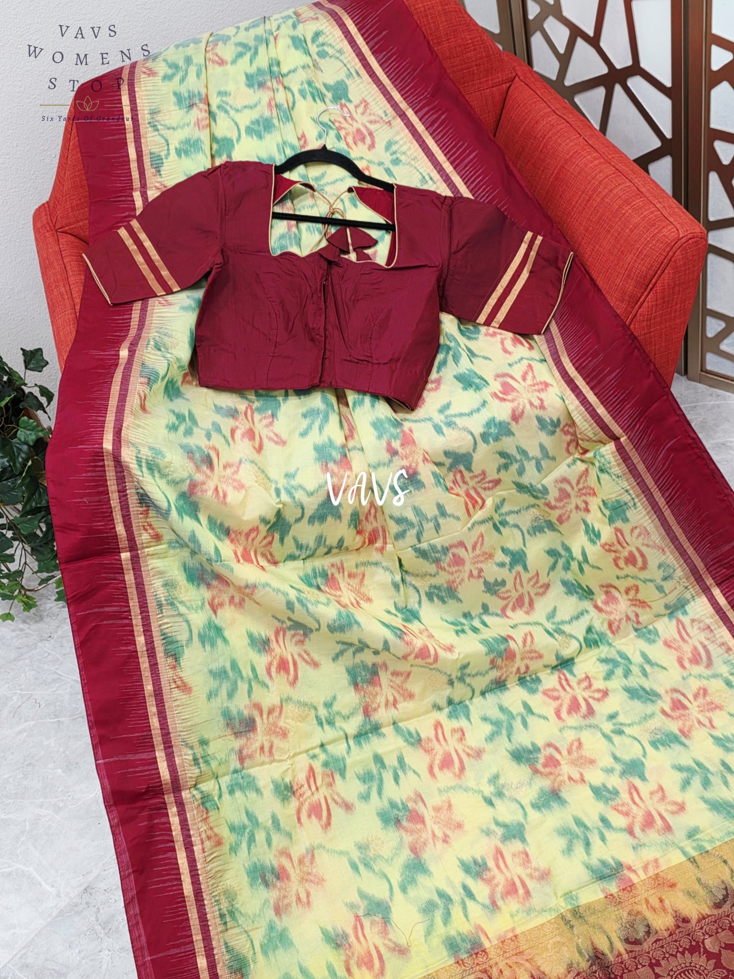 Pale Citron Green & Wine Maroon Vegan Silk Pochampally Woven Saree with Stitched Blouse Size 36, Extendable to 42