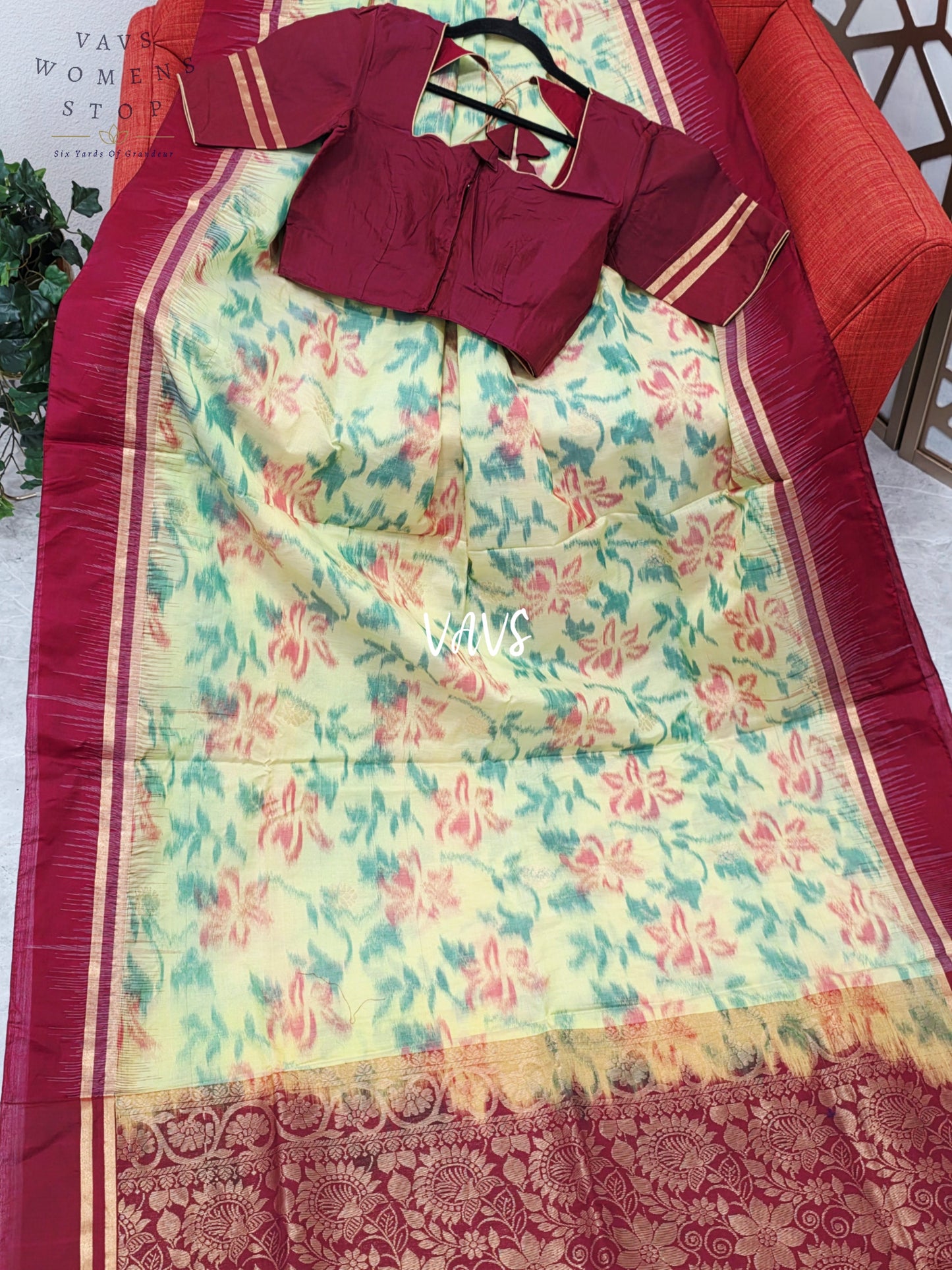 Pale Citron Green & Wine Maroon Vegan Silk Pochampally Woven Saree with Stitched Blouse Size 36, Extendable to 42