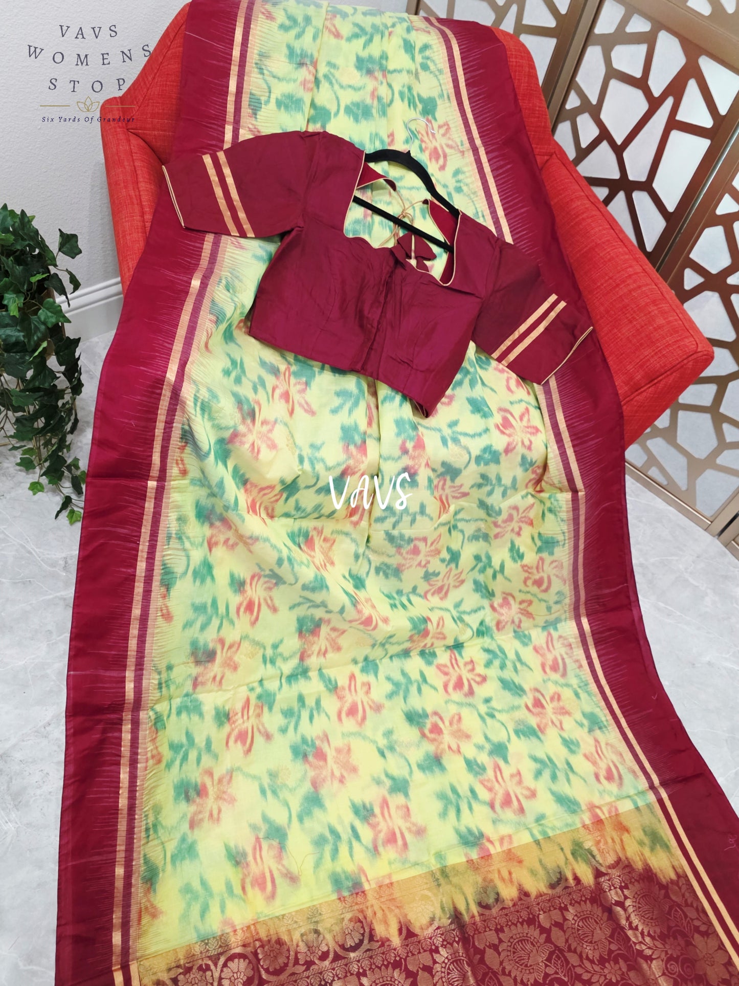 Pale Citron Green & Wine Maroon Vegan Silk Pochampally Woven Saree with Stitched Blouse Size 36, Extendable to 42