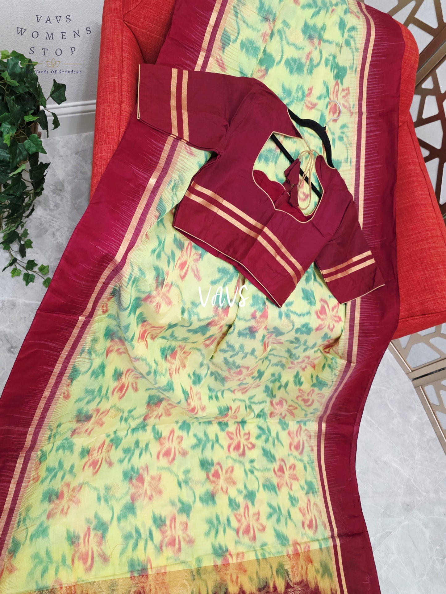Pale Citron Green & Wine Maroon Vegan Silk Pochampally Woven Saree with Stitched Blouse Size 36, Extendable to 42