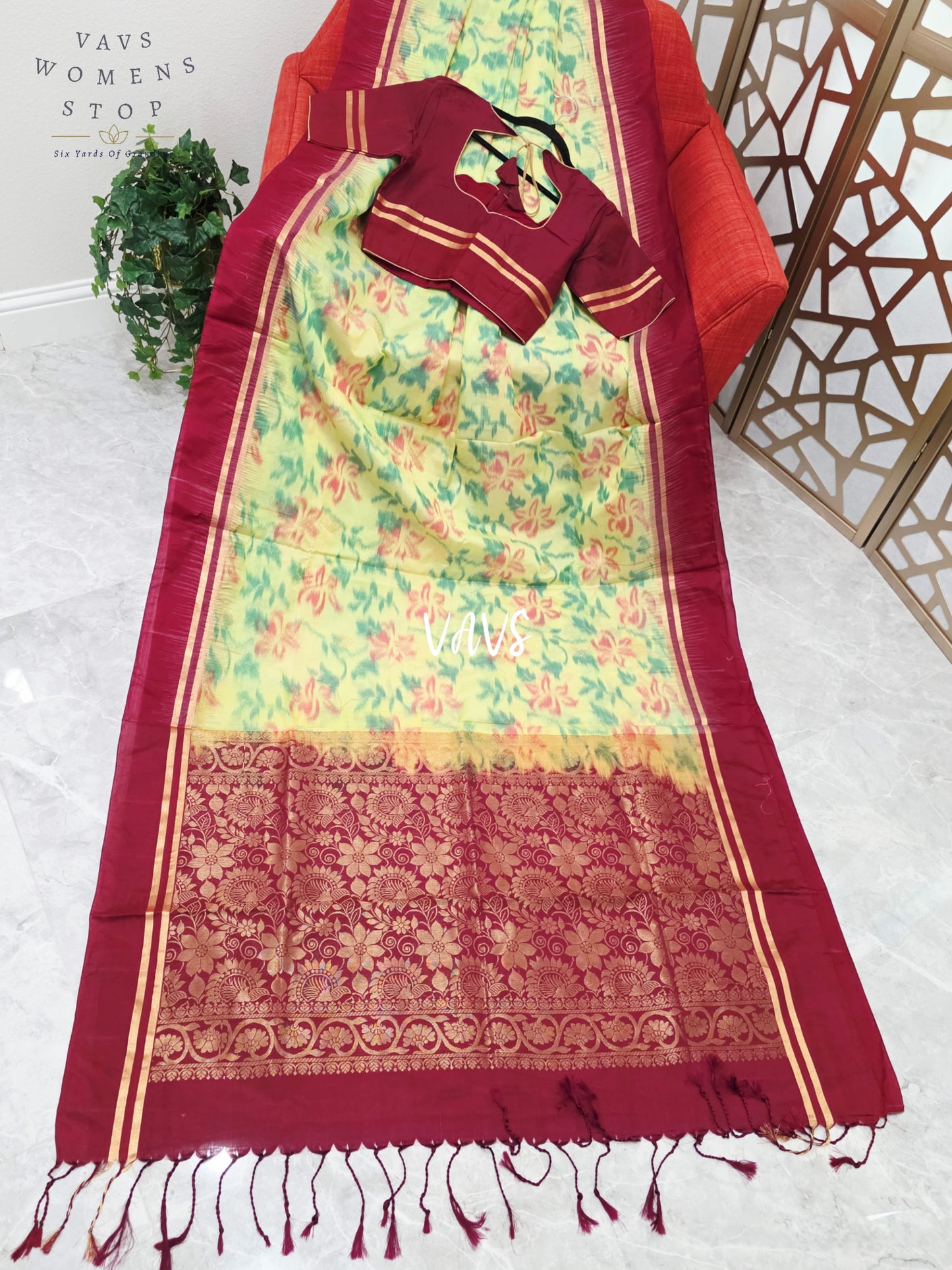 Pale Citron Green & Wine Maroon Vegan Silk Pochampally Woven Saree with Stitched Blouse Size 36, Extendable to 42