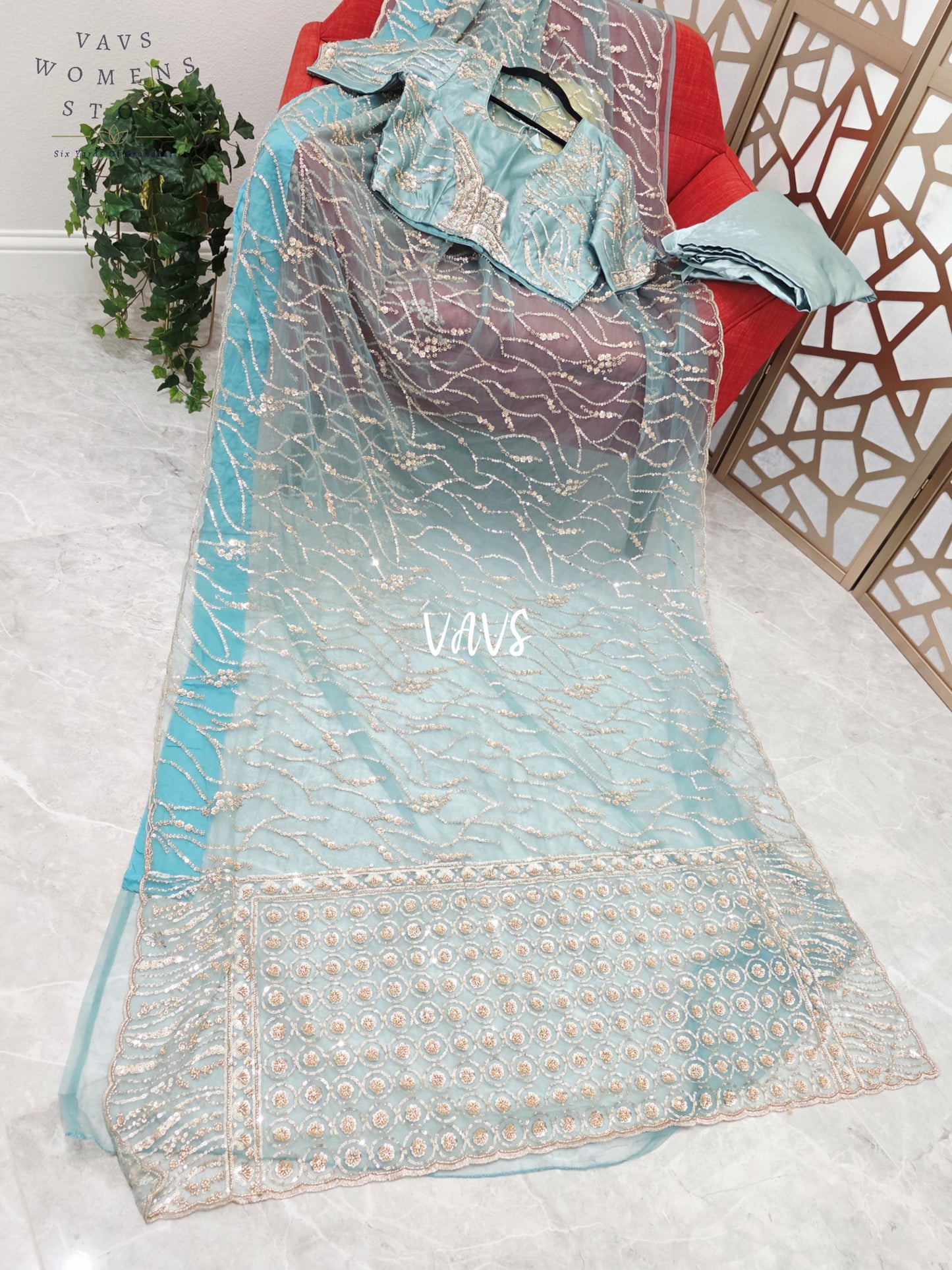 Icy Aqua Blue & Champagne Gold Soft Net Sequin Saree with Stitched Blouse Size 40, Extendable to 46 & Matching Satin Petticoat