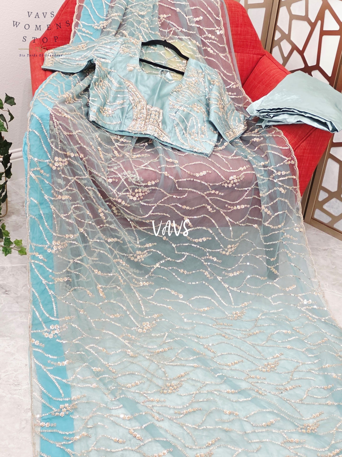 Icy Aqua Blue & Champagne Gold Soft Net Sequin Saree with Stitched Blouse Size 40, Extendable to 46 & Matching Satin Petticoat