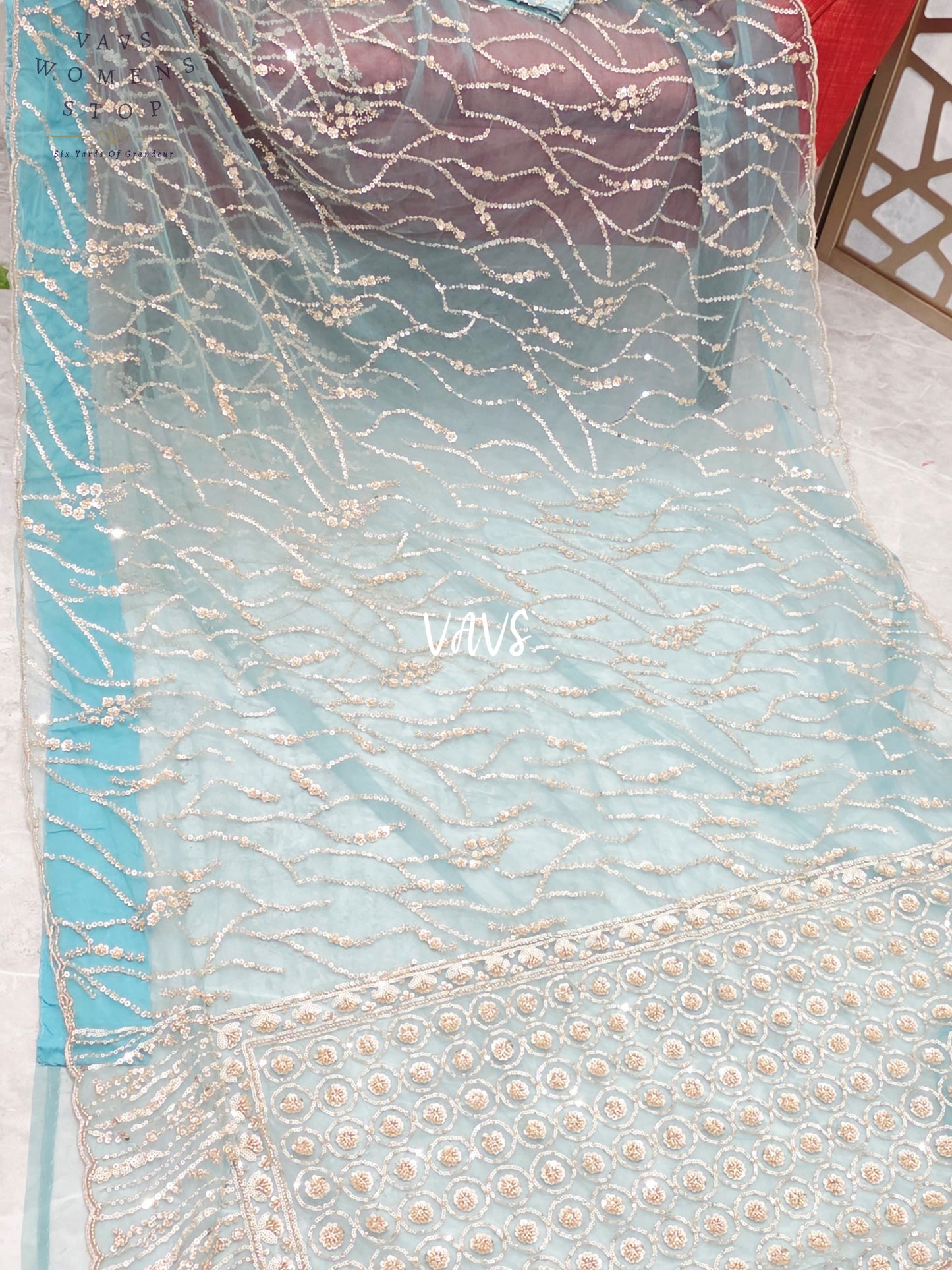 Icy Aqua Blue & Champagne Gold Soft Net Sequin Saree with Stitched Blouse Size 40, Extendable to 46 & Matching Satin Petticoat