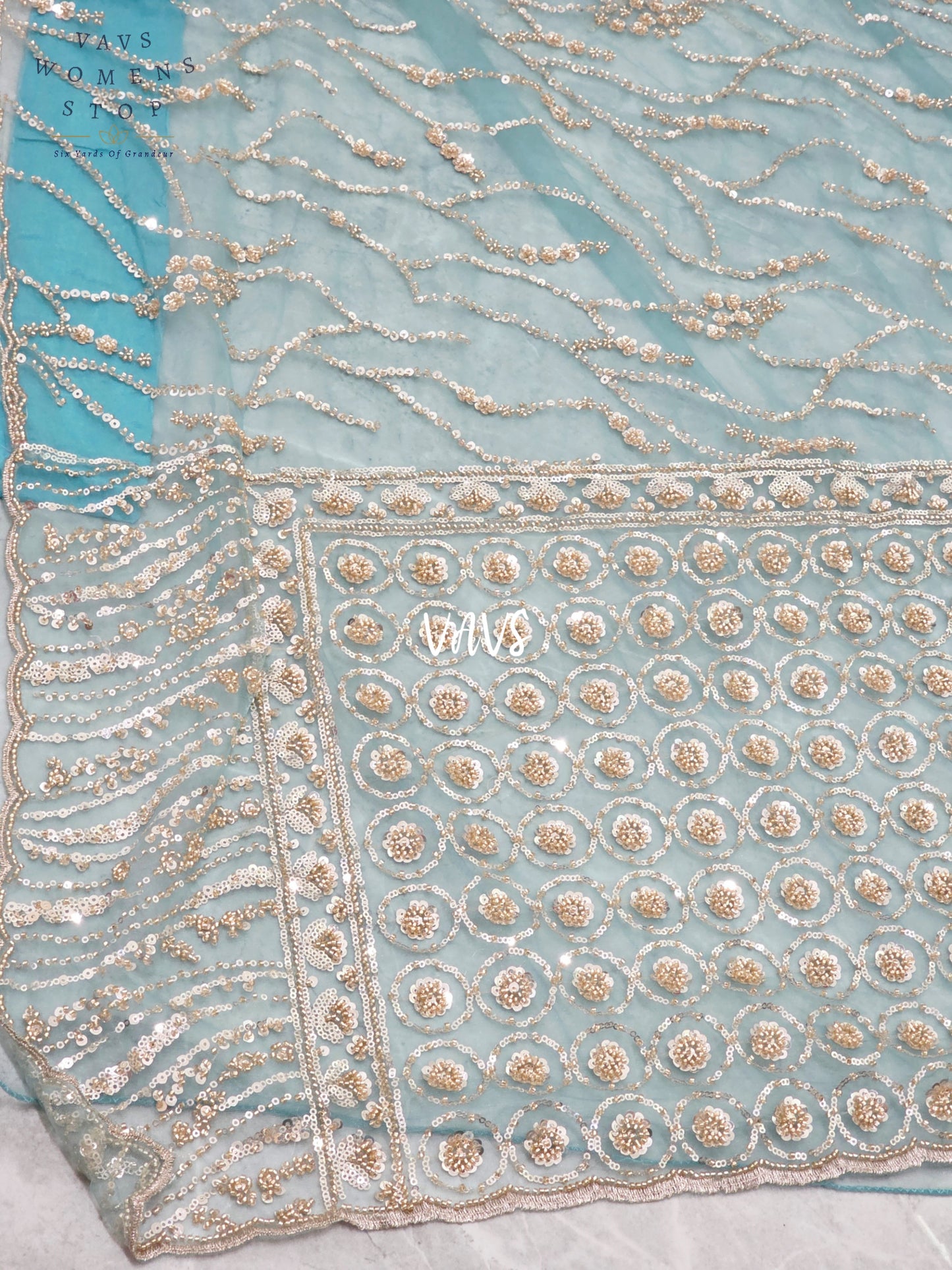 Icy Aqua Blue & Champagne Gold Soft Net Sequin Saree with Stitched Blouse Size 40, Extendable to 46 & Matching Satin Petticoat