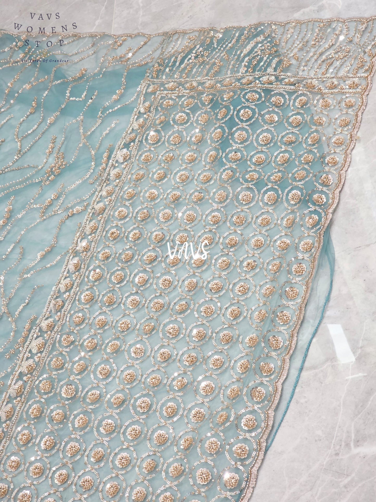 Icy Aqua Blue & Champagne Gold Soft Net Sequin Saree with Stitched Blouse Size 40, Extendable to 46 & Matching Satin Petticoat