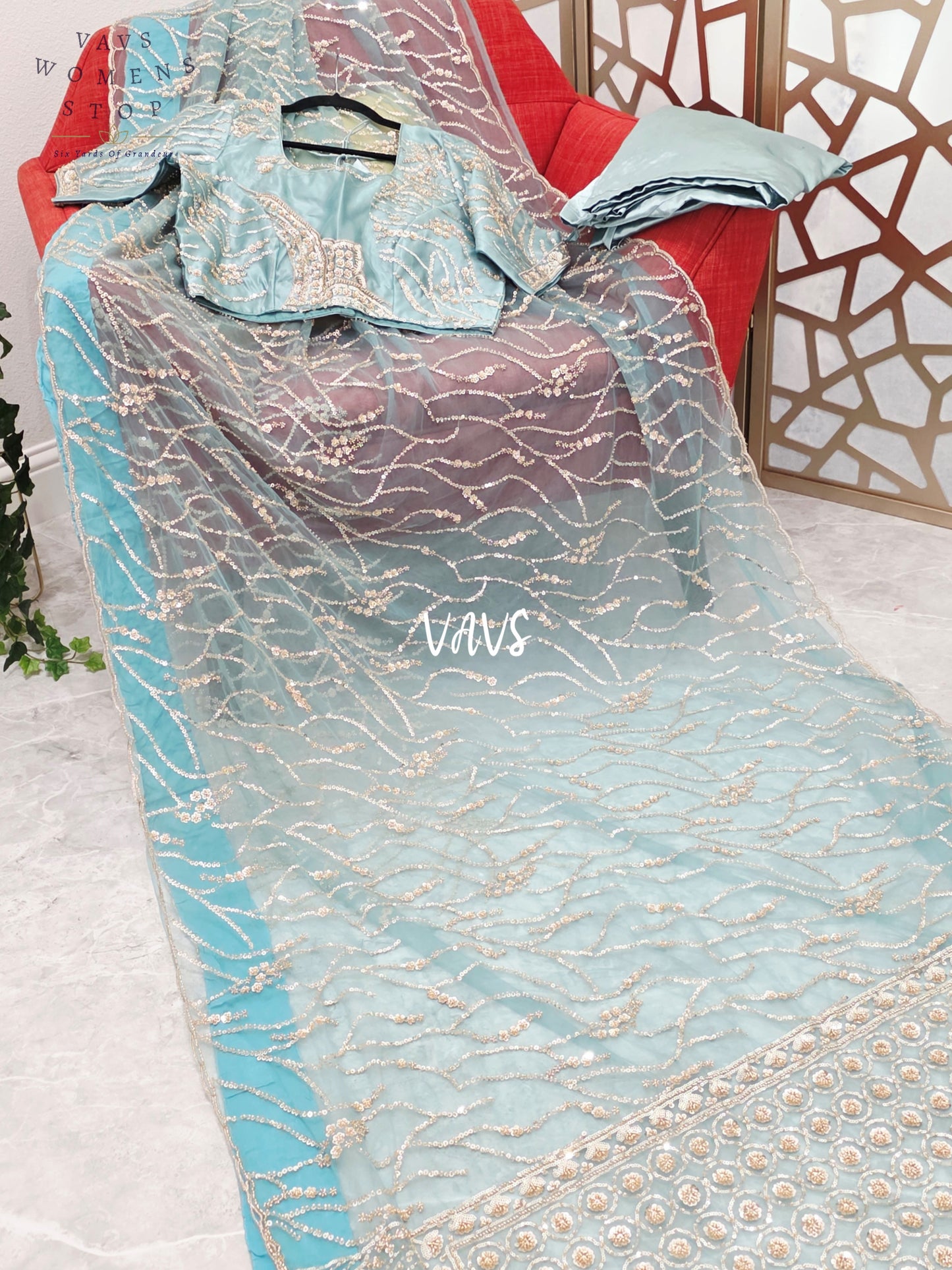 Icy Aqua Blue & Champagne Gold Soft Net Sequin Saree with Stitched Blouse Size 40, Extendable to 46 & Matching Satin Petticoat