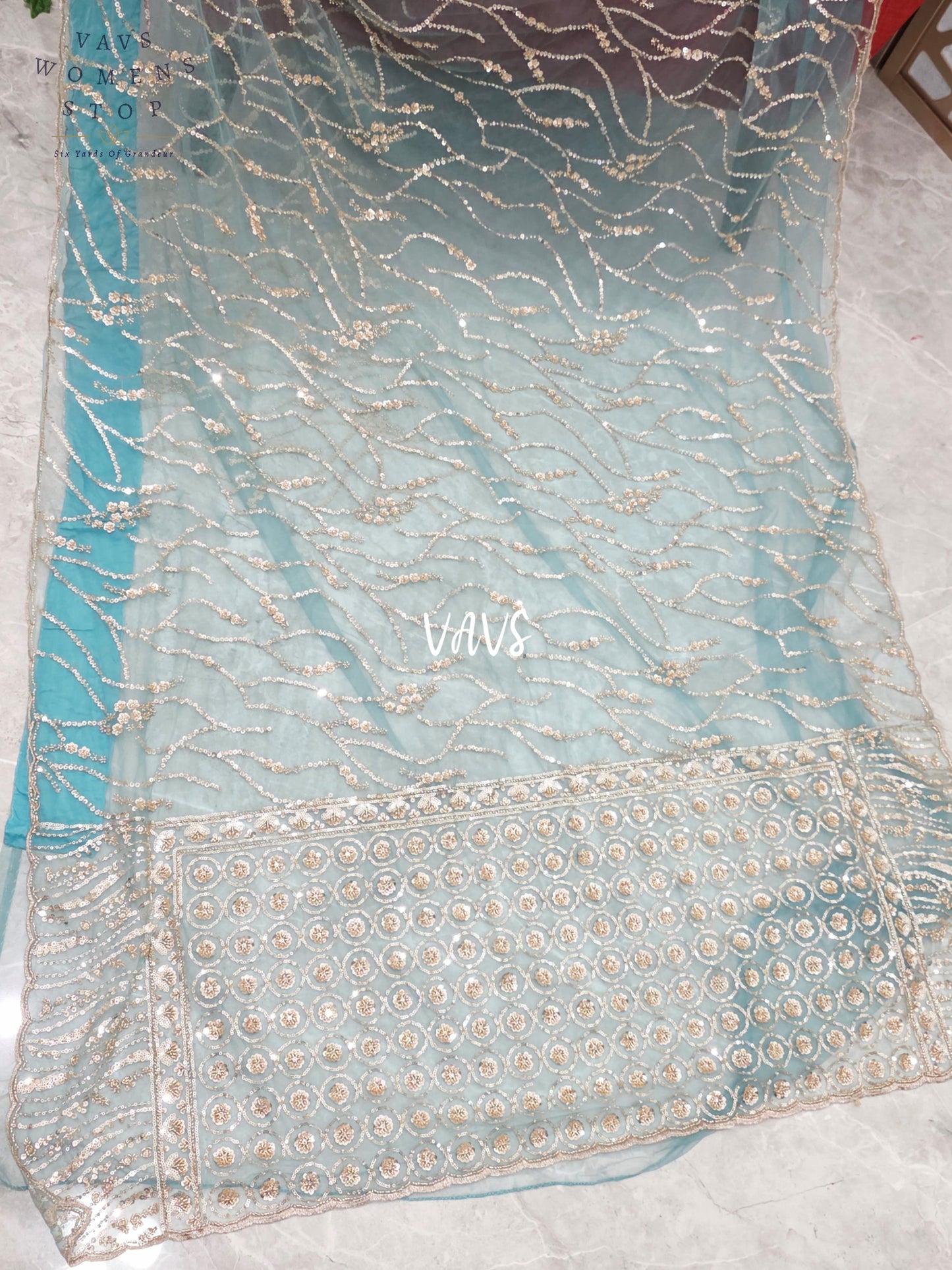 Icy Aqua Blue & Champagne Gold Soft Net Sequin Saree with Stitched Blouse Size 40, Extendable to 46 & Matching Satin Petticoat