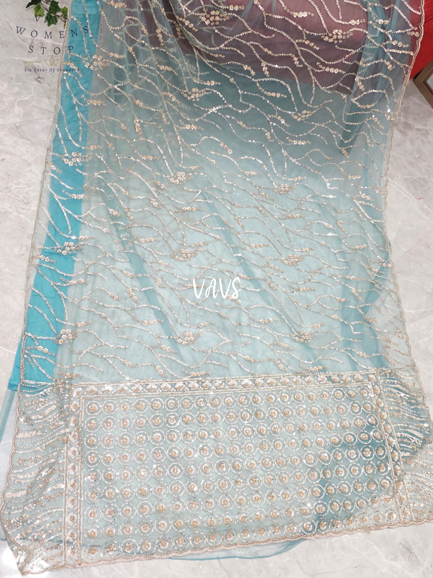 Icy Aqua Blue & Champagne Gold Soft Net Sequin Saree with Stitched Blouse Size 40, Extendable to 46 & Matching Satin Petticoat
