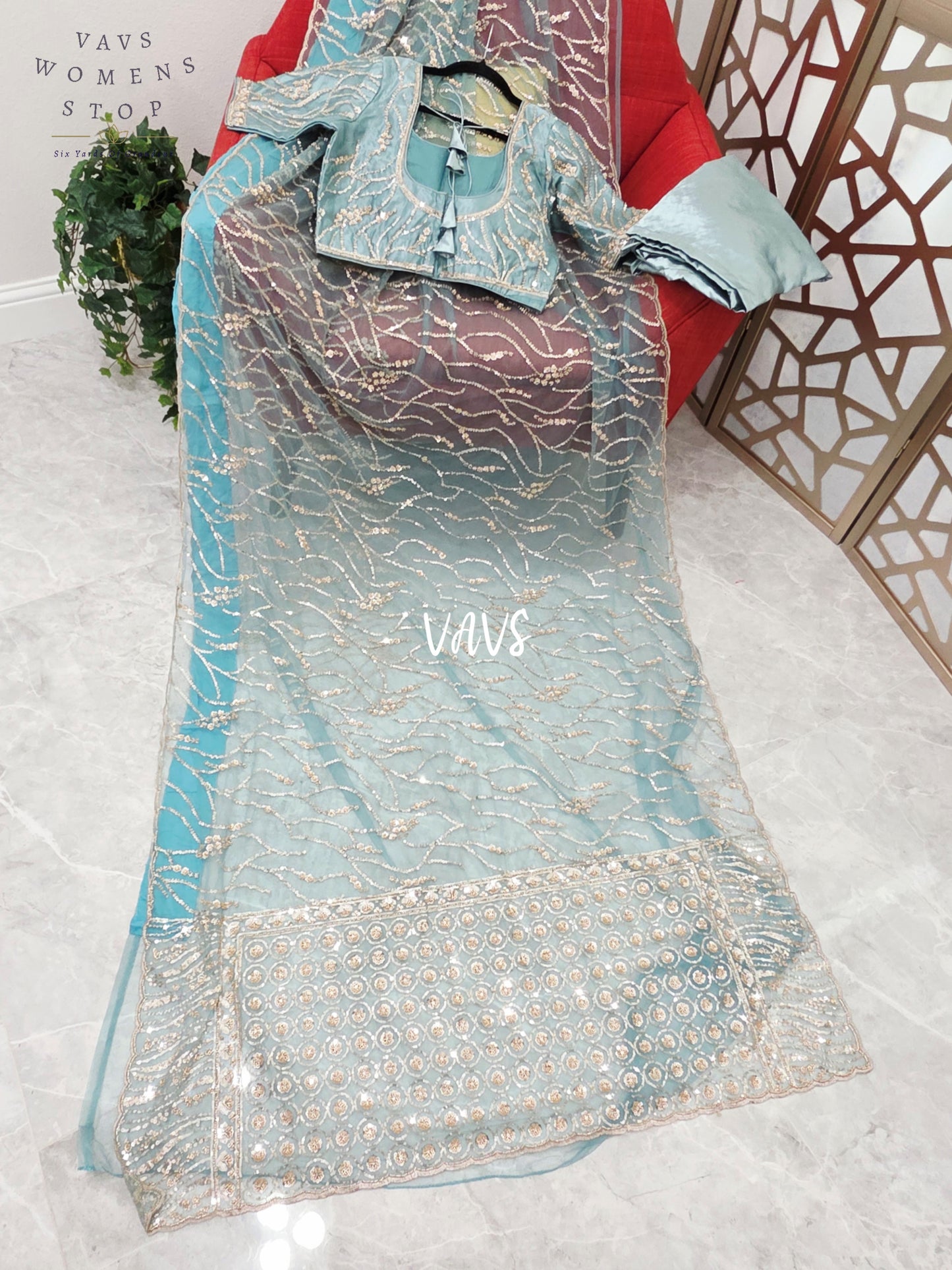 Icy Aqua Blue & Champagne Gold Soft Net Sequin Saree with Stitched Blouse Size 40, Extendable to 46 & Matching Satin Petticoat