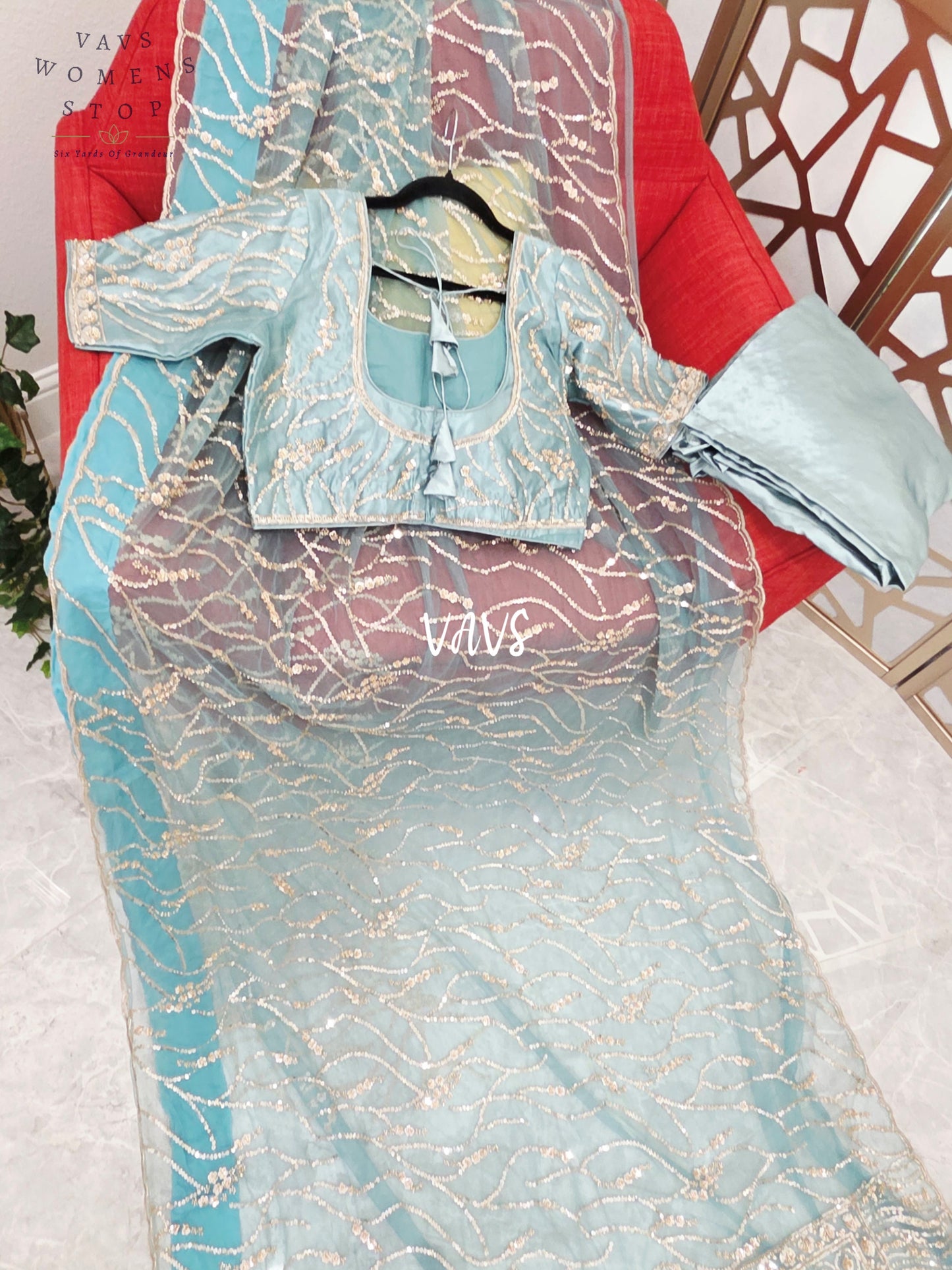 Icy Aqua Blue & Champagne Gold Soft Net Sequin Saree with Stitched Blouse Size 40, Extendable to 46 & Matching Satin Petticoat