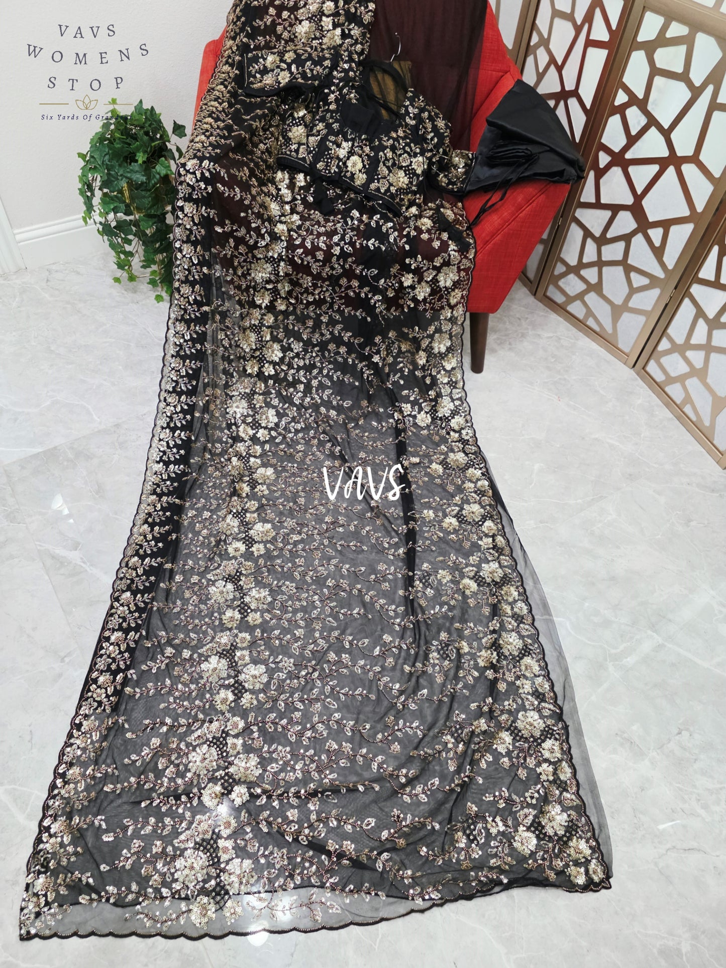Midnight Black & Champagne Gold Floral Sequin Soft Net Saree with Stitched Blouse Size 36, Extendable to 42 & Matching Satin Petticoat