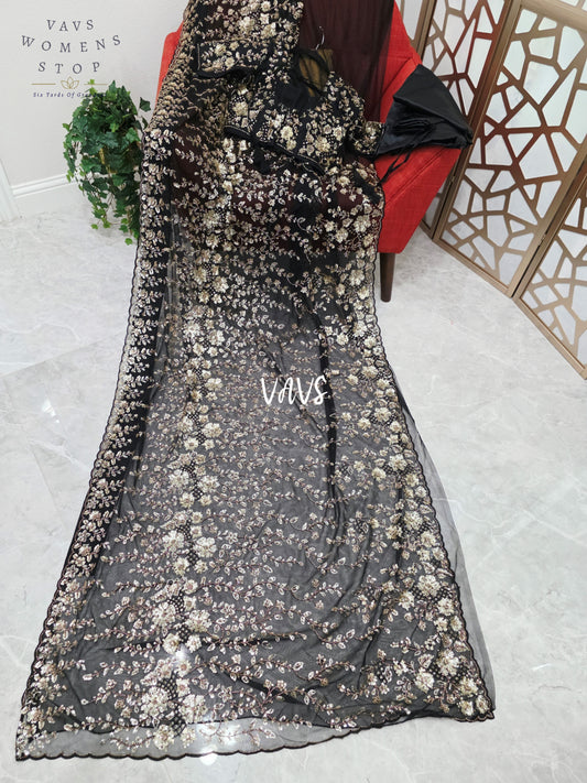 Midnight Black & Champagne Gold Floral Sequin Soft Net Saree with Stitched Blouse Size 36, Extendable to 42 & Matching Satin Petticoat