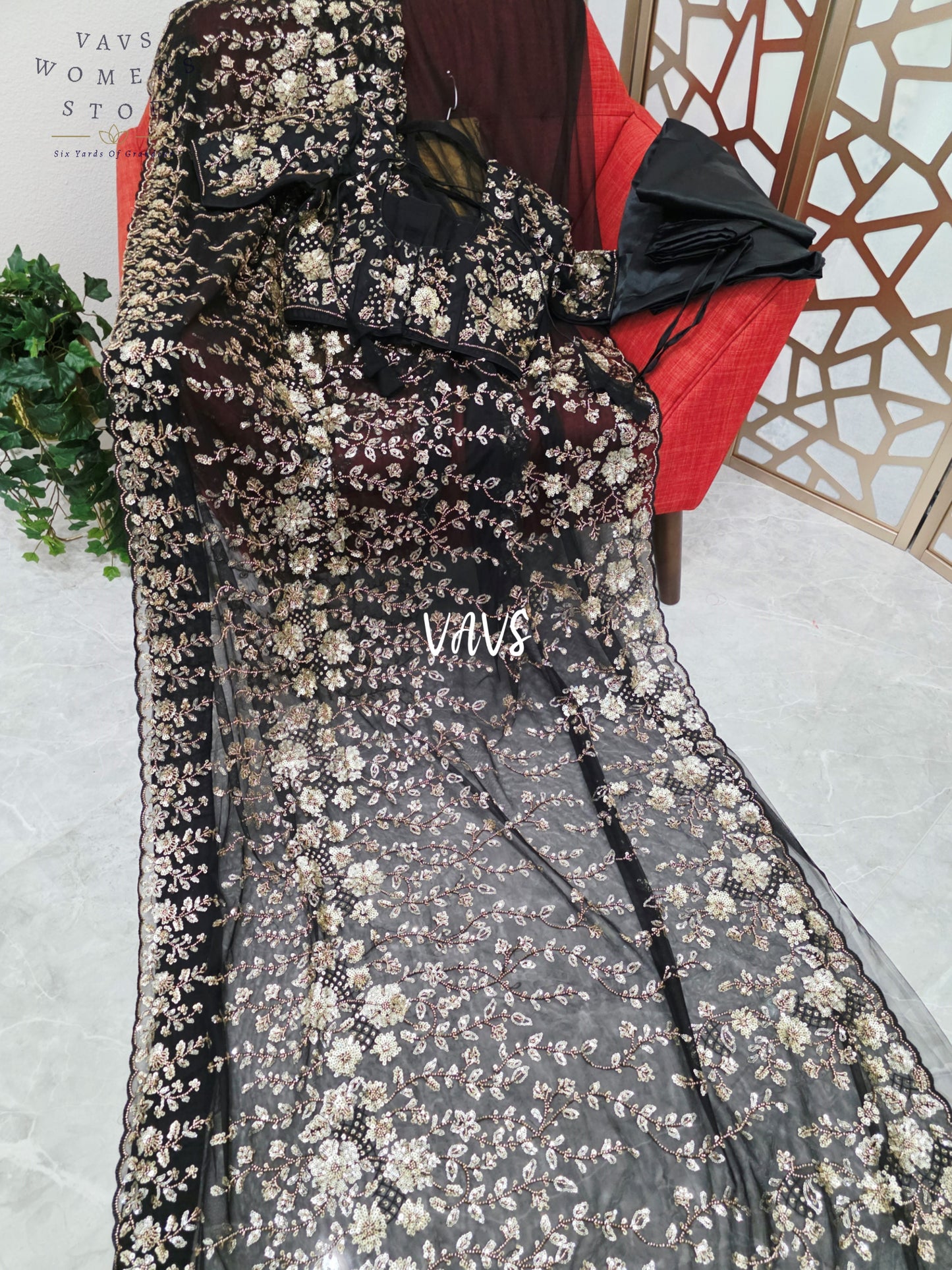 Midnight Black & Champagne Gold Floral Sequin Soft Net Saree with Stitched Blouse Size 36, Extendable to 42 & Matching Satin Petticoat