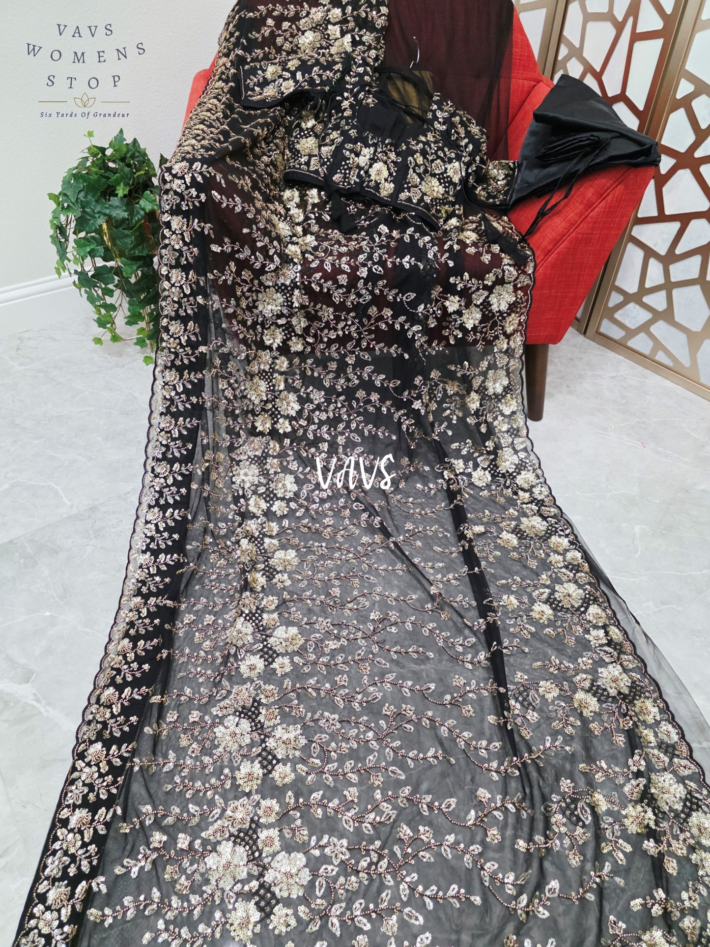 Midnight Black & Champagne Gold Floral Sequin Soft Net Saree with Stitched Blouse Size 36, Extendable to 42 & Matching Satin Petticoat