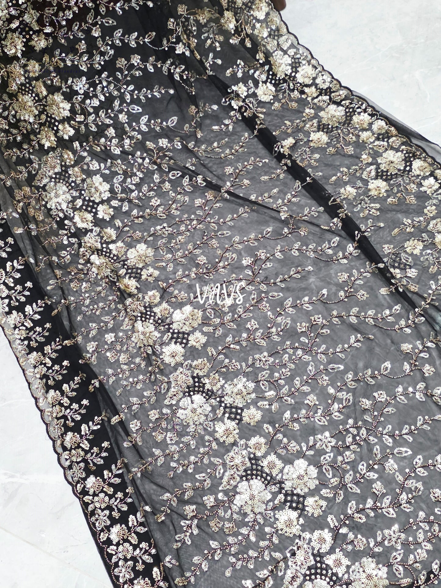 Midnight Black & Champagne Gold Floral Sequin Soft Net Saree with Stitched Blouse Size 36, Extendable to 42 & Matching Satin Petticoat