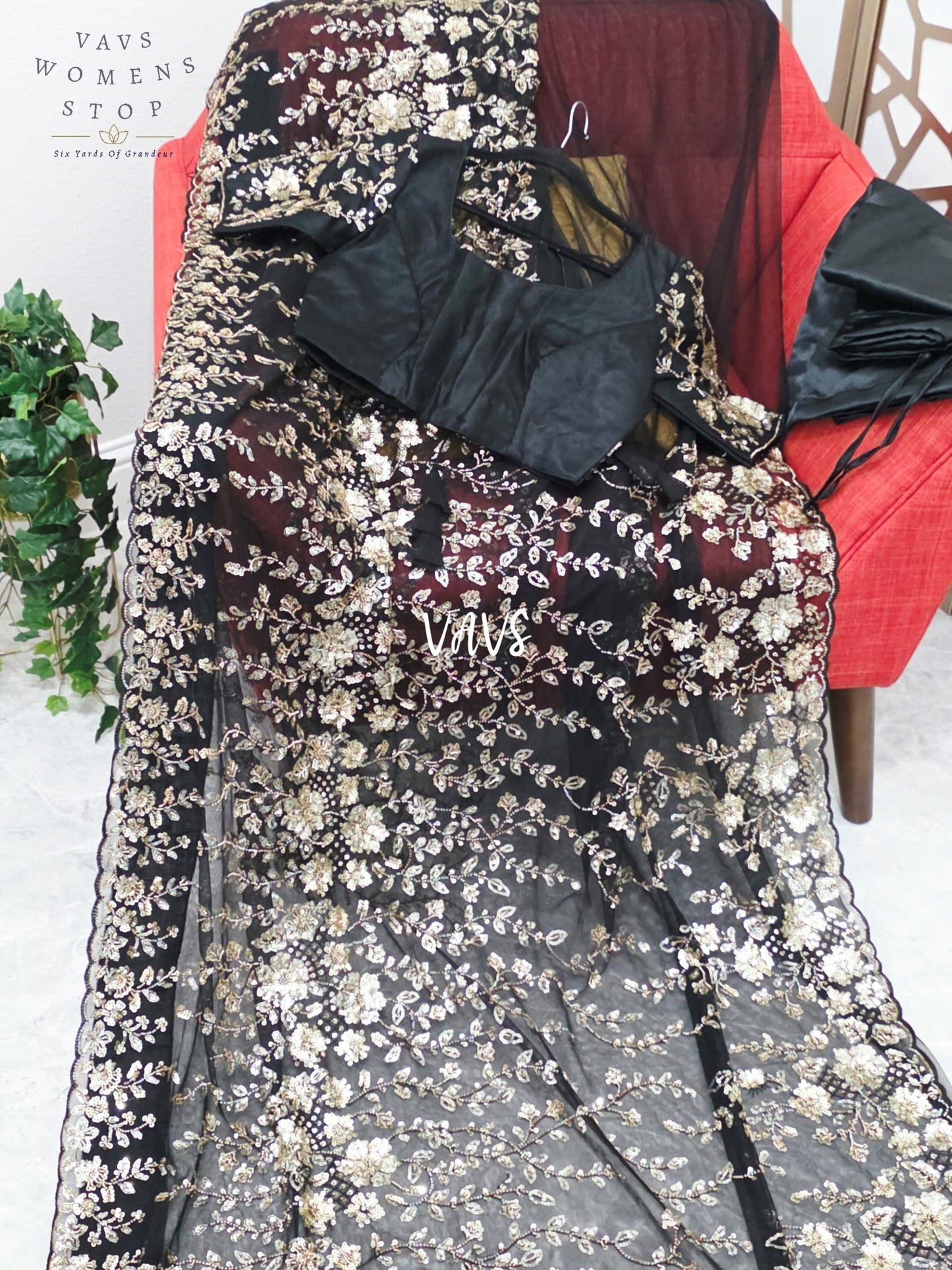 Midnight Black & Champagne Gold Floral Sequin Soft Net Saree with Stitched Blouse Size 36, Extendable to 42 & Matching Satin Petticoat