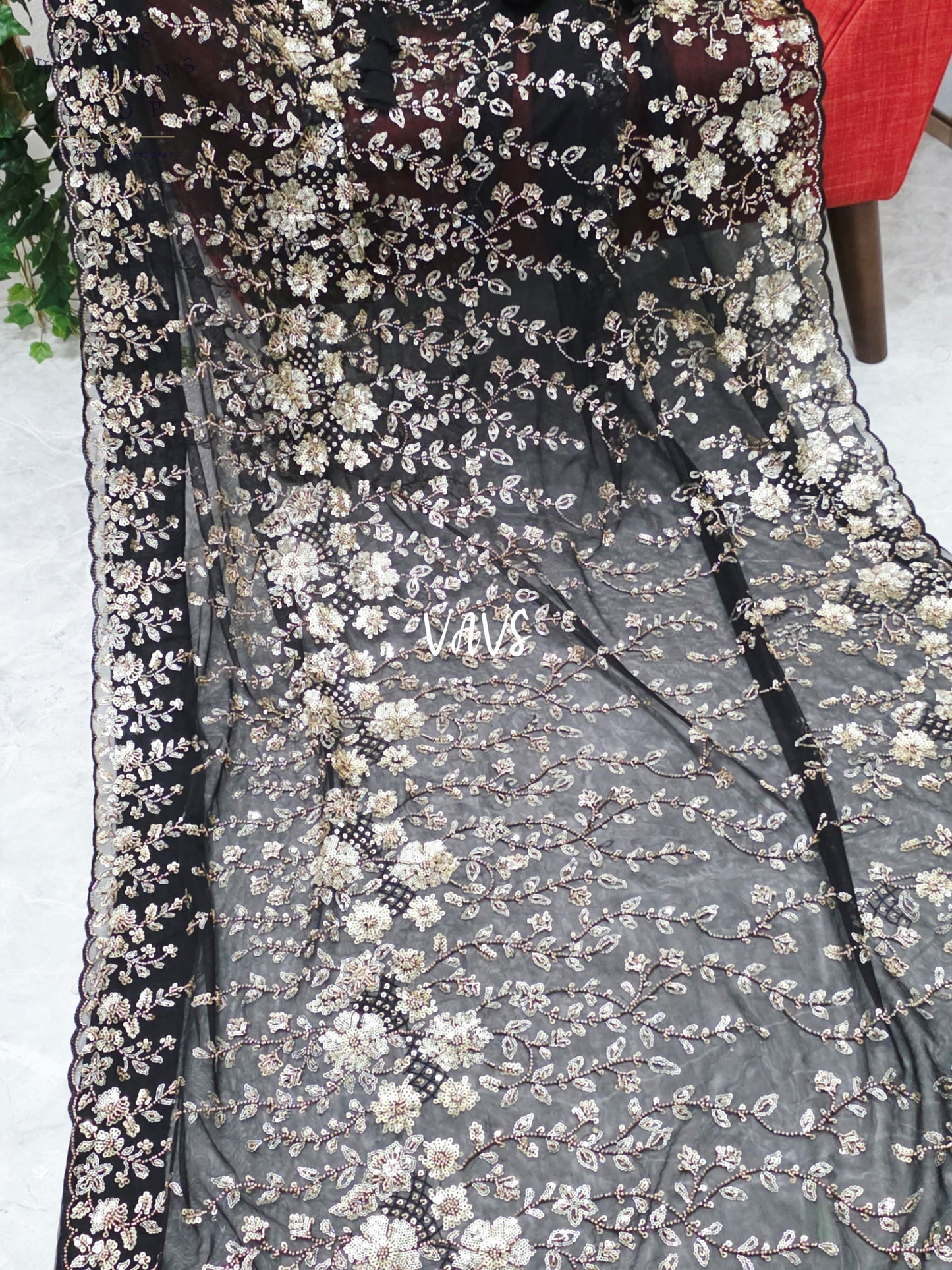 Midnight Black & Champagne Gold Floral Sequin Soft Net Saree with Stitched Blouse Size 36, Extendable to 42 & Matching Satin Petticoat
