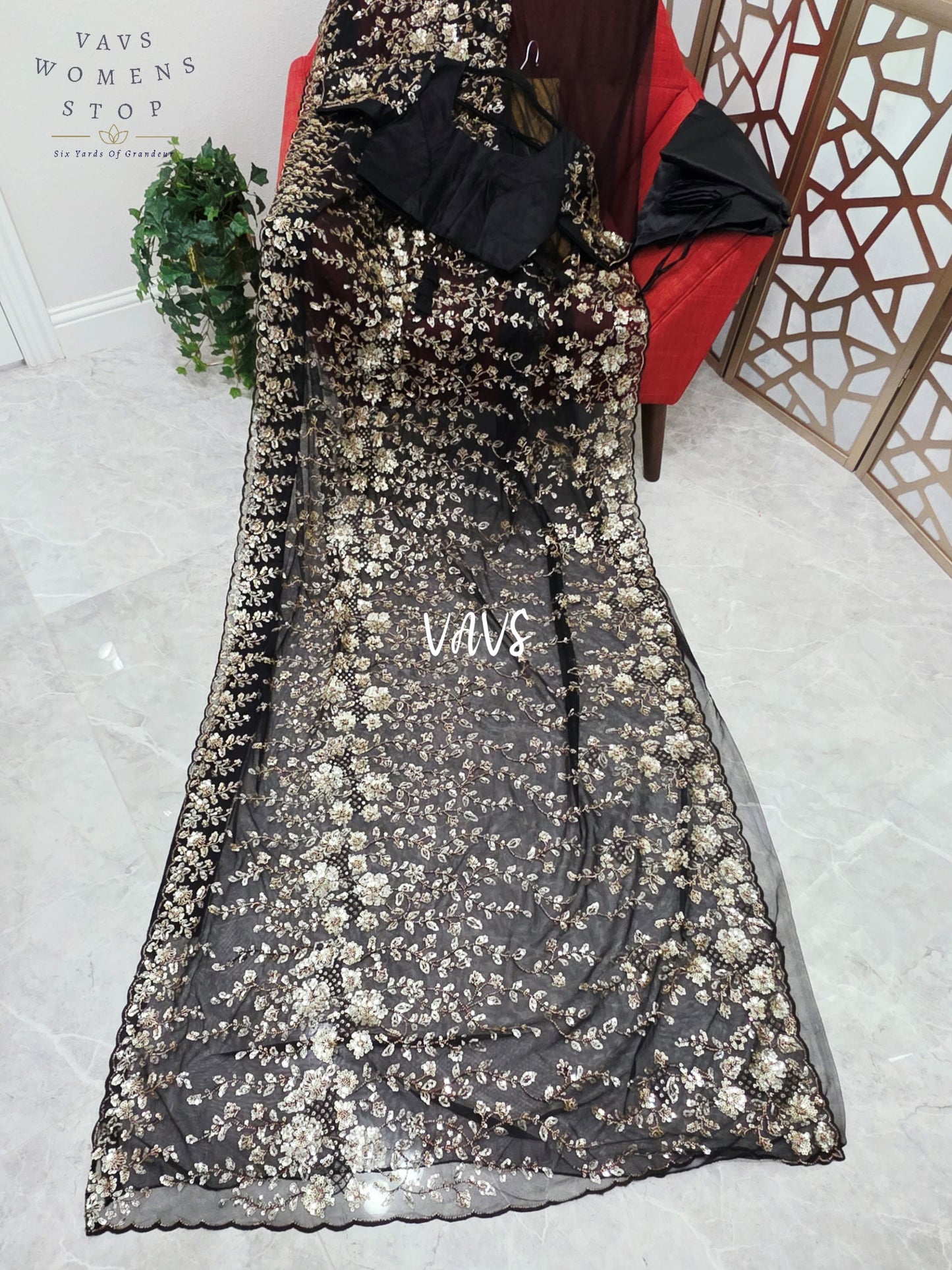 Midnight Black & Champagne Gold Floral Sequin Soft Net Saree with Stitched Blouse Size 36, Extendable to 42 & Matching Satin Petticoat