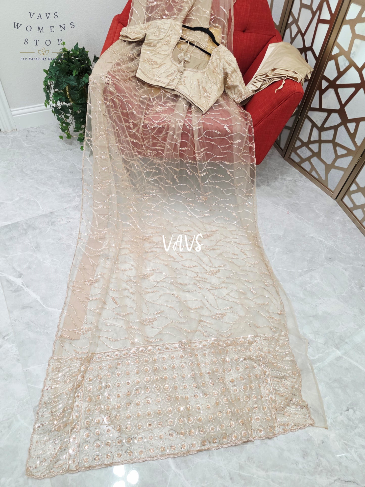 Champagne Beige Soft Net Sequin Cocktail Saree with Stitched Blouse Size 38, Extendable to 44 & Matching Satin Petticoat