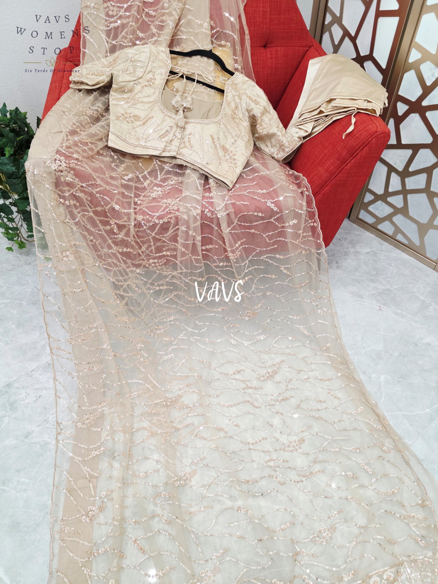 Champagne Beige Soft Net Sequin Cocktail Saree with Stitched Blouse Size 38, Extendable to 44 & Matching Satin Petticoat