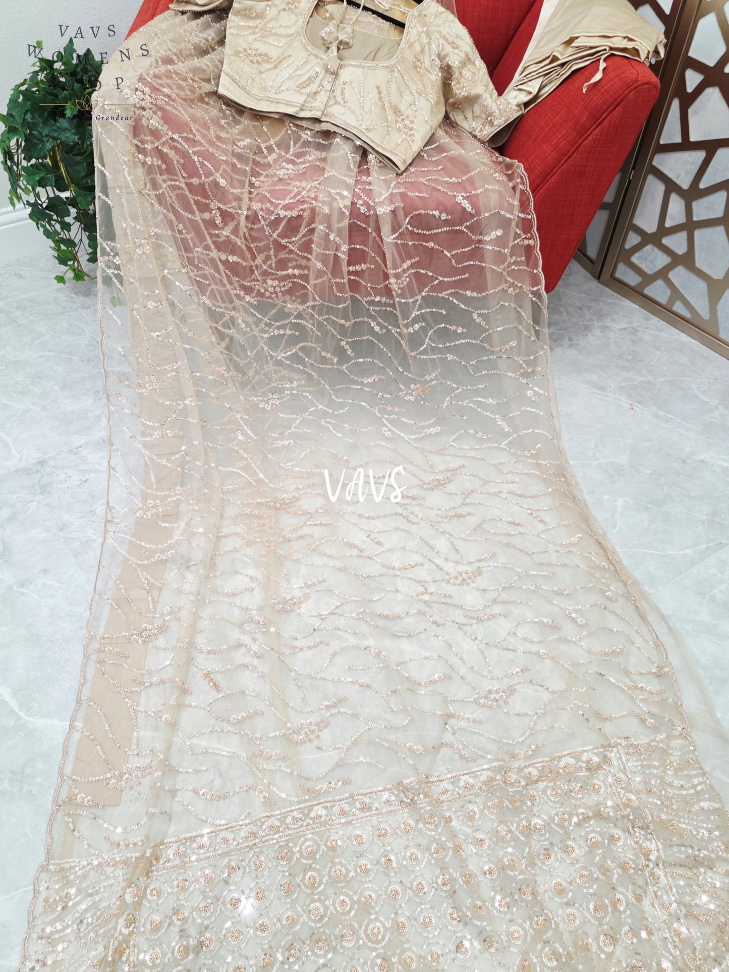 Champagne Beige Soft Net Sequin Cocktail Saree with Stitched Blouse Size 38, Extendable to 44 & Matching Satin Petticoat