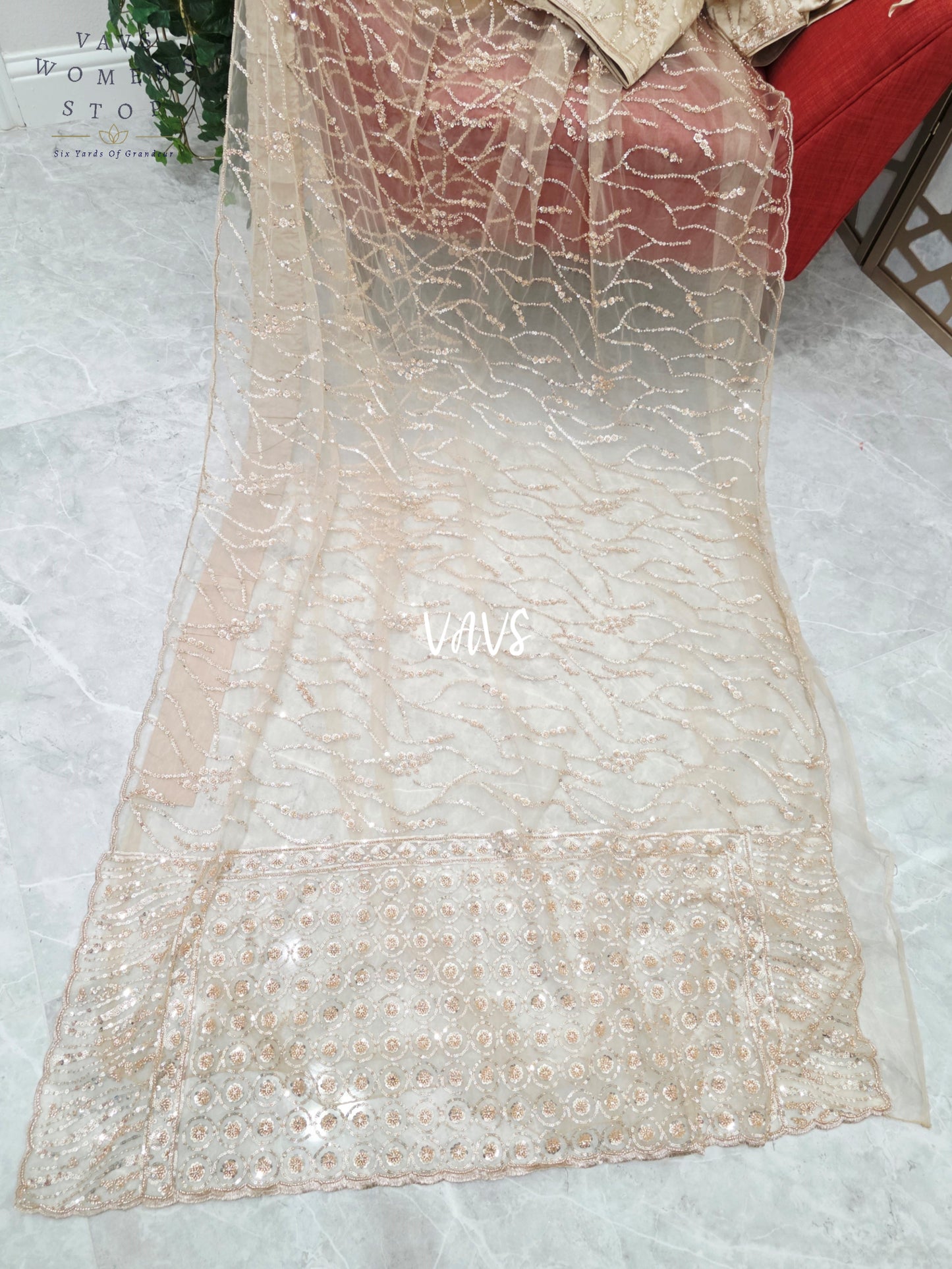 Champagne Beige Soft Net Sequin Cocktail Saree with Stitched Blouse Size 38, Extendable to 44 & Matching Satin Petticoat