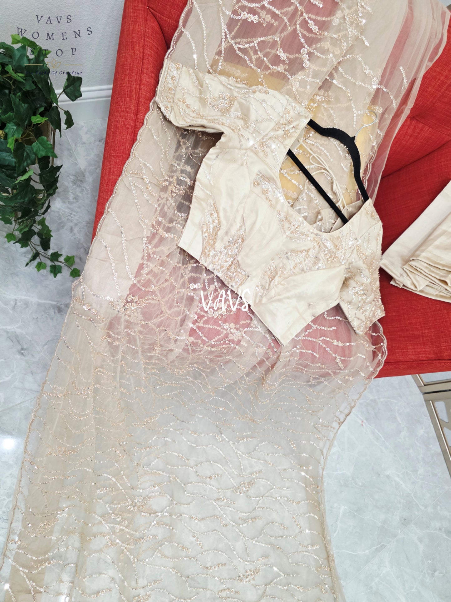 Champagne Beige Soft Net Sequin Cocktail Saree with Stitched Blouse Size 38, Extendable to 44 & Matching Satin Petticoat