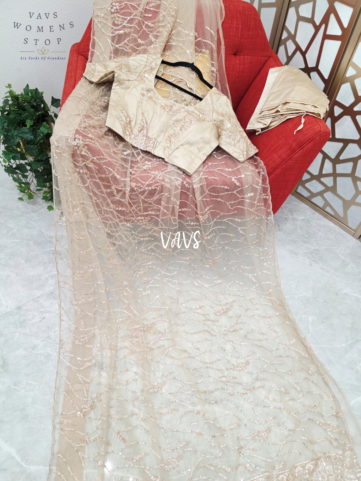 Champagne Beige Soft Net Sequin Cocktail Saree with Stitched Blouse Size 38, Extendable to 44 & Matching Satin Petticoat