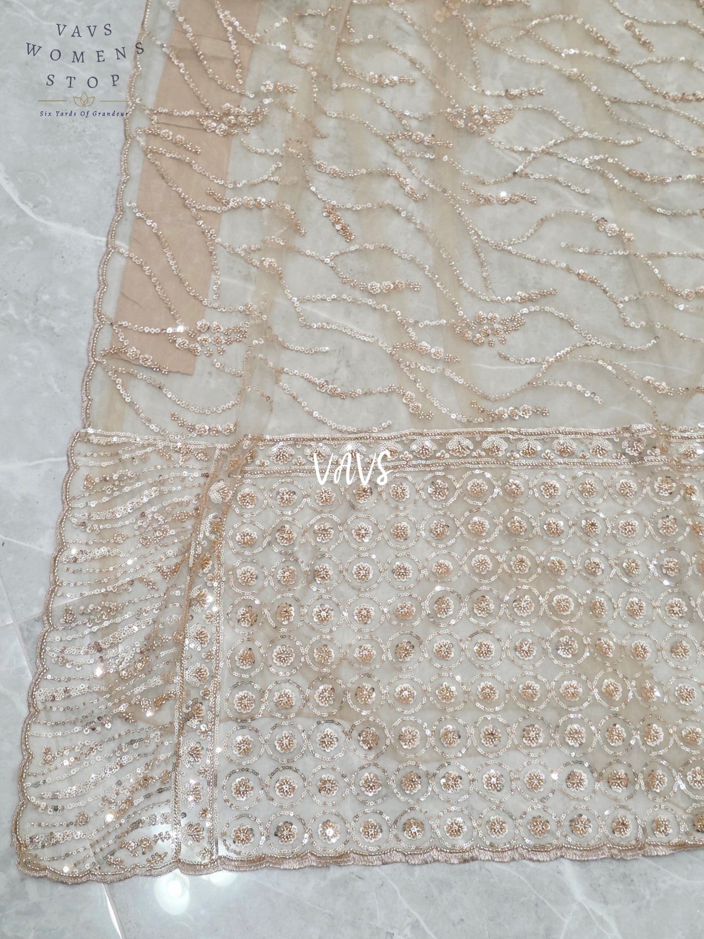Champagne Beige Soft Net Sequin Cocktail Saree with Stitched Blouse Size 38, Extendable to 44 & Matching Satin Petticoat