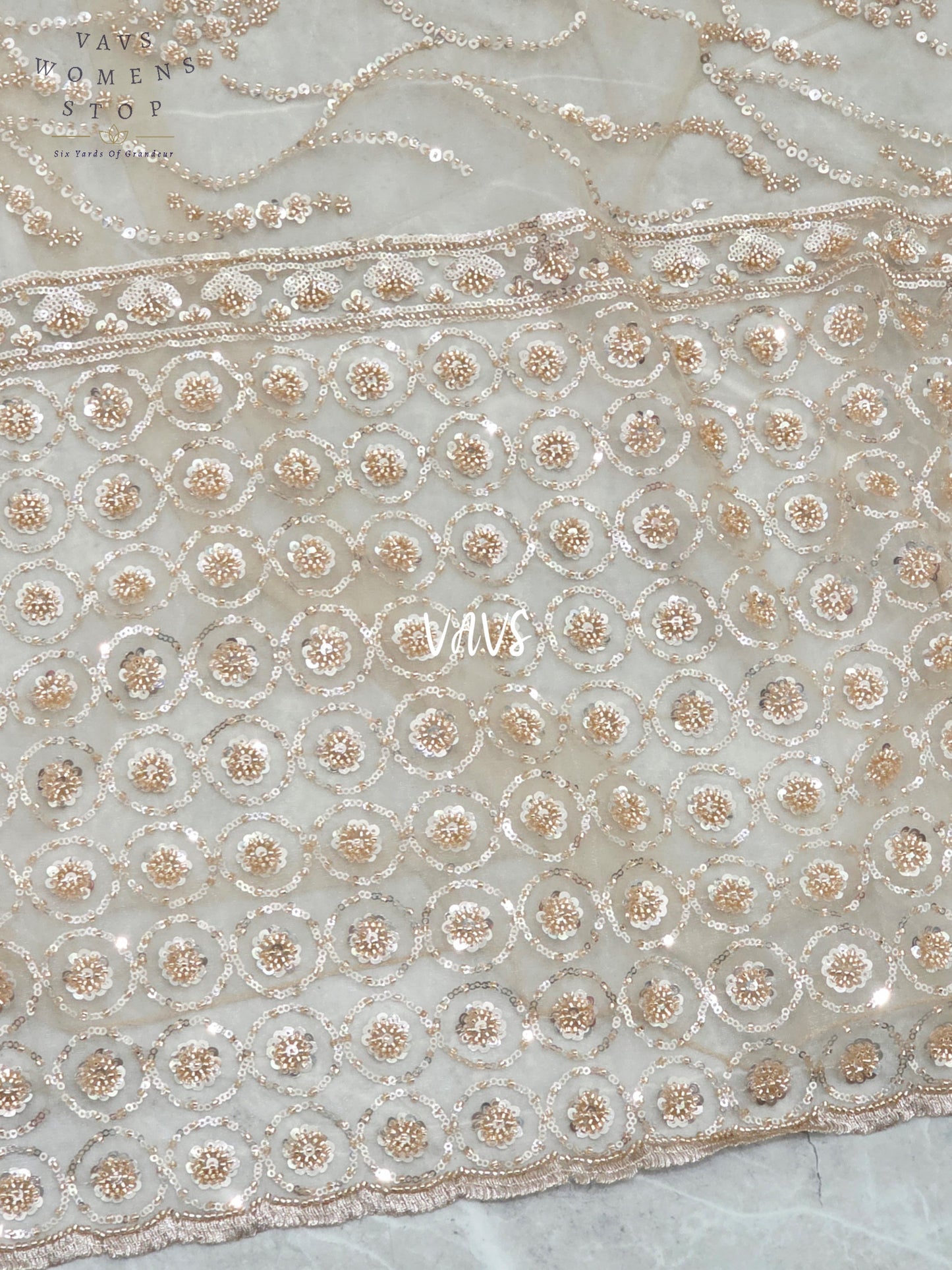 Champagne Beige Soft Net Sequin Cocktail Saree with Stitched Blouse Size 38, Extendable to 44 & Matching Satin Petticoat