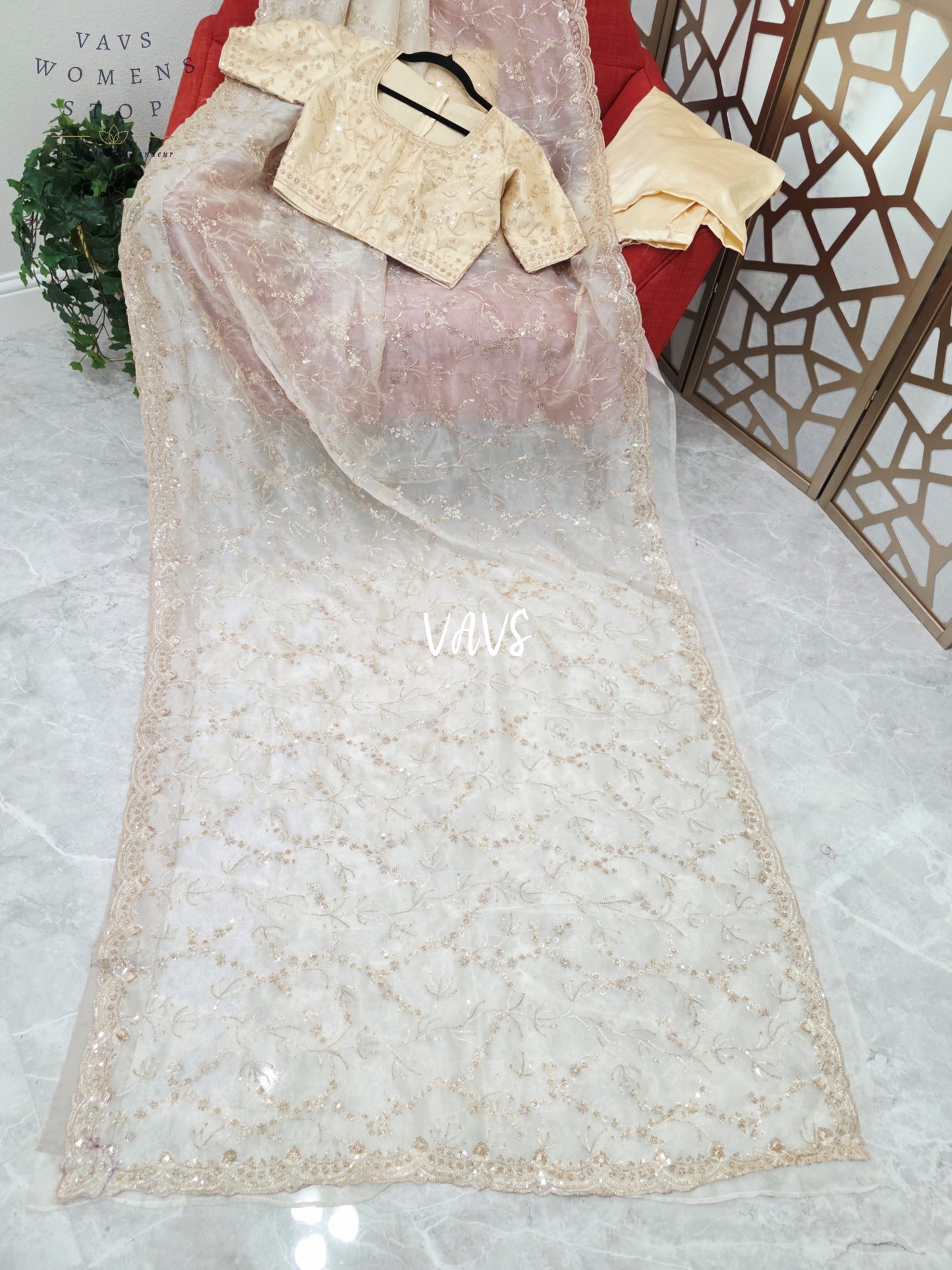 Pearl Ivory & Champagne Gold Soft Tissue Style Sequin Saree with Stitched Blouse Size 34, Extendable to 40 & Matching Satin Petticoat