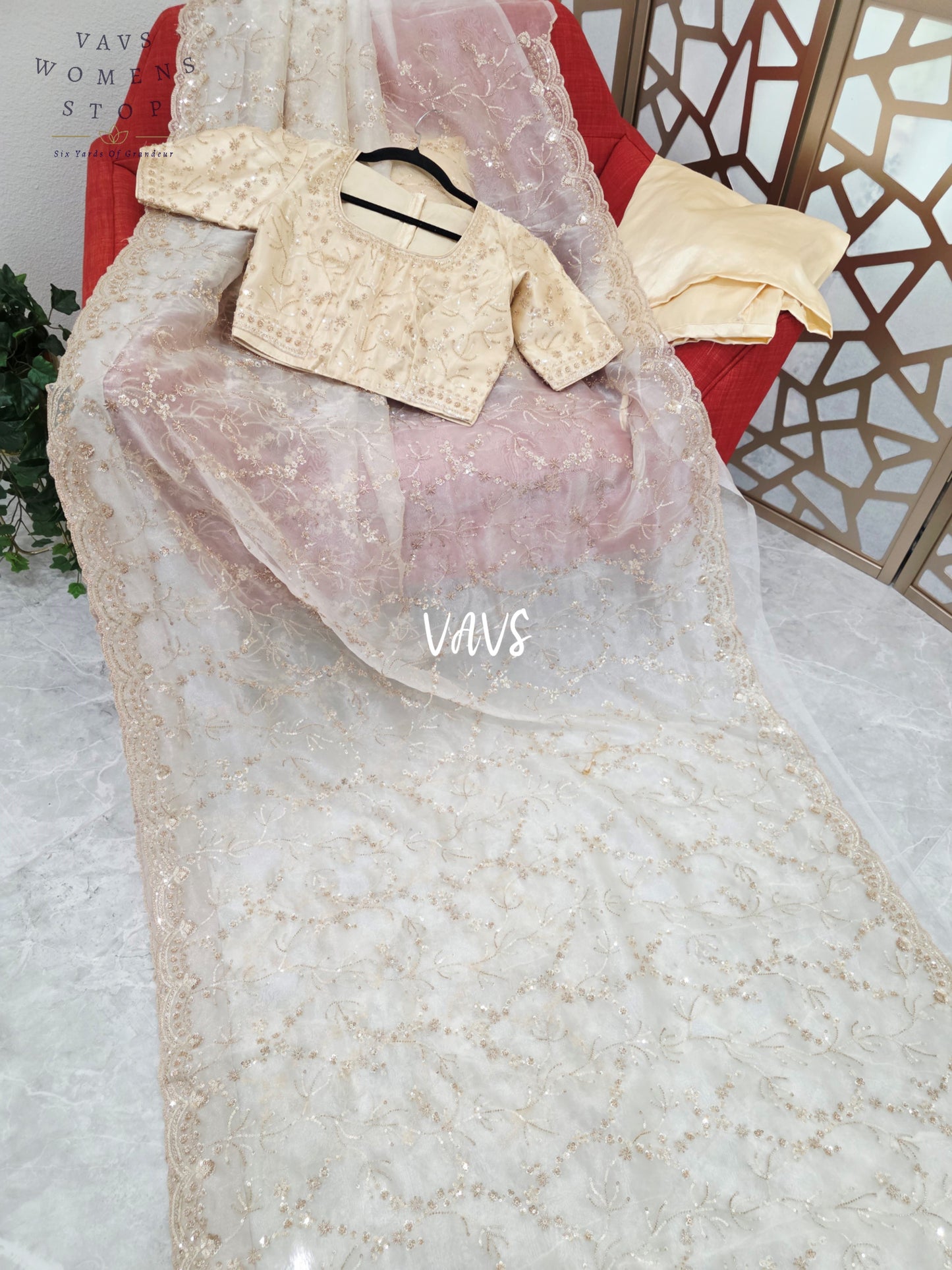 Pearl Ivory & Champagne Gold Soft Tissue Style Sequin Saree with Stitched Blouse Size 34, Extendable to 40 & Matching Satin Petticoat