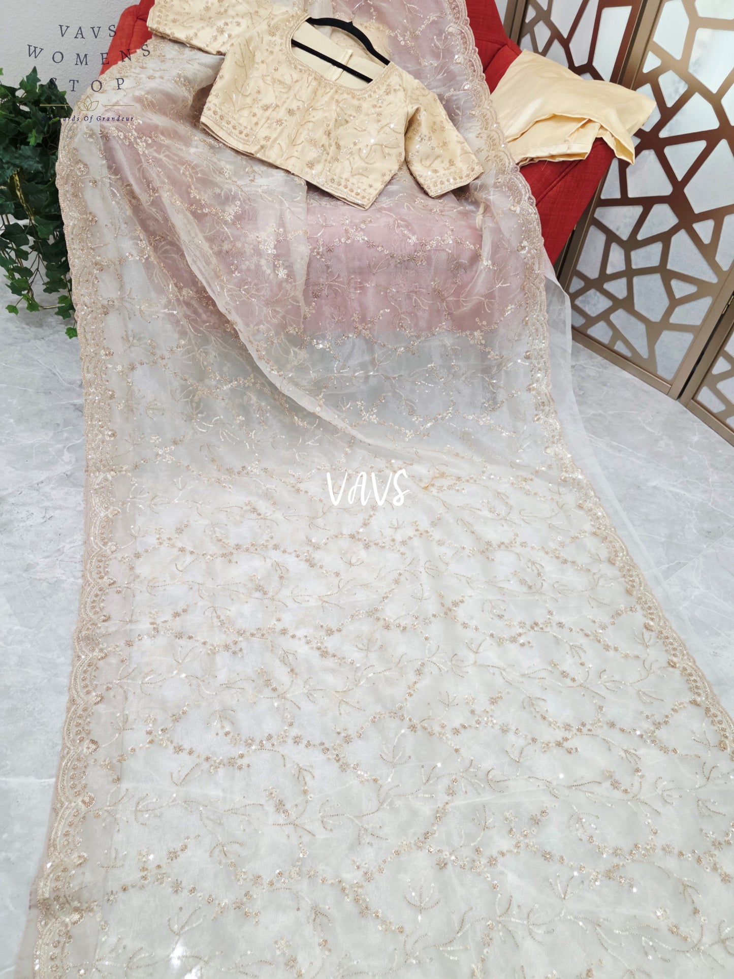 Pearl Ivory & Champagne Gold Soft Tissue Style Sequin Saree with Stitched Blouse Size 34, Extendable to 40 & Matching Satin Petticoat