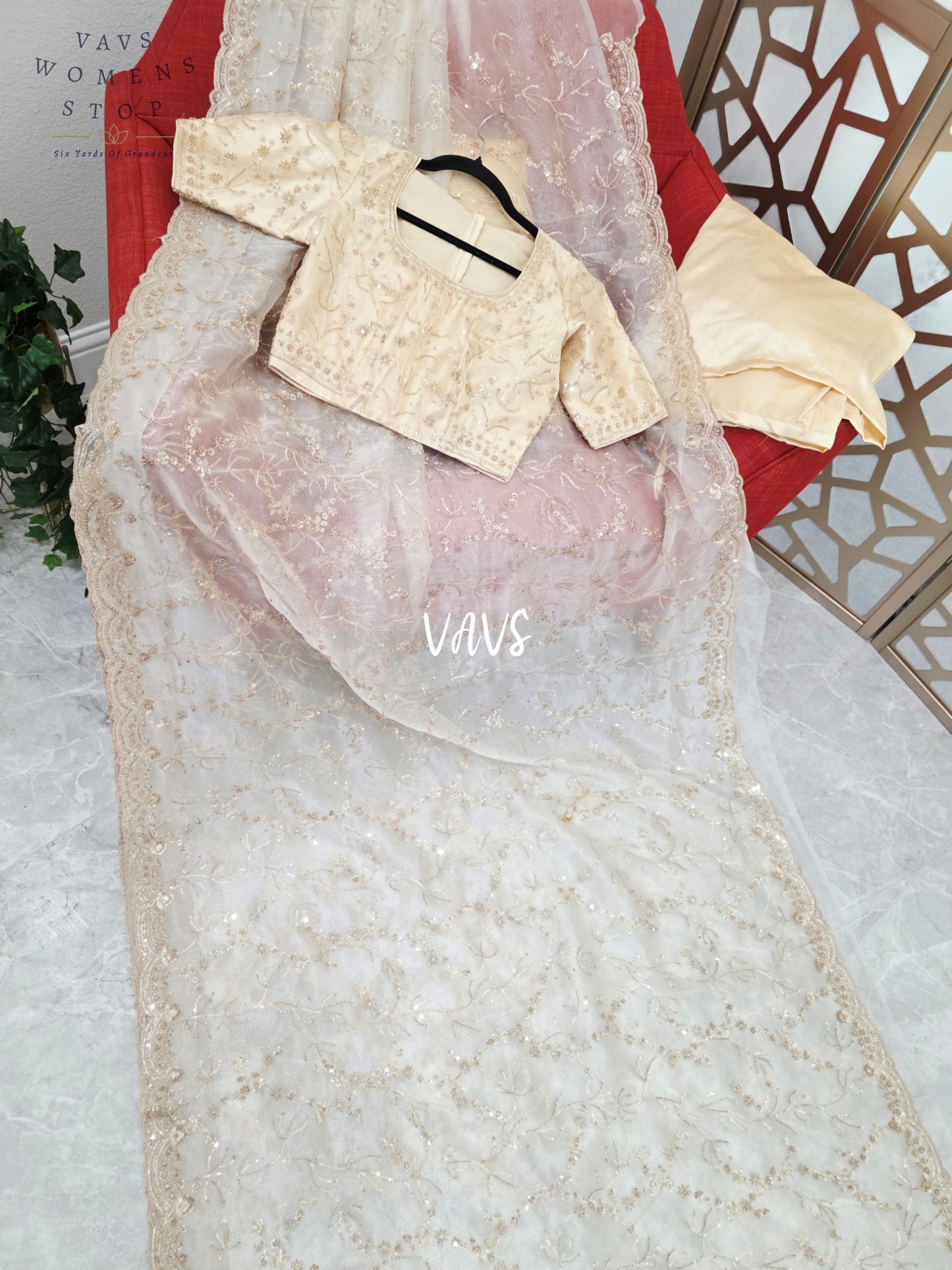 Pearl Ivory & Champagne Gold Soft Tissue Style Sequin Saree with Stitched Blouse Size 34, Extendable to 40 & Matching Satin Petticoat