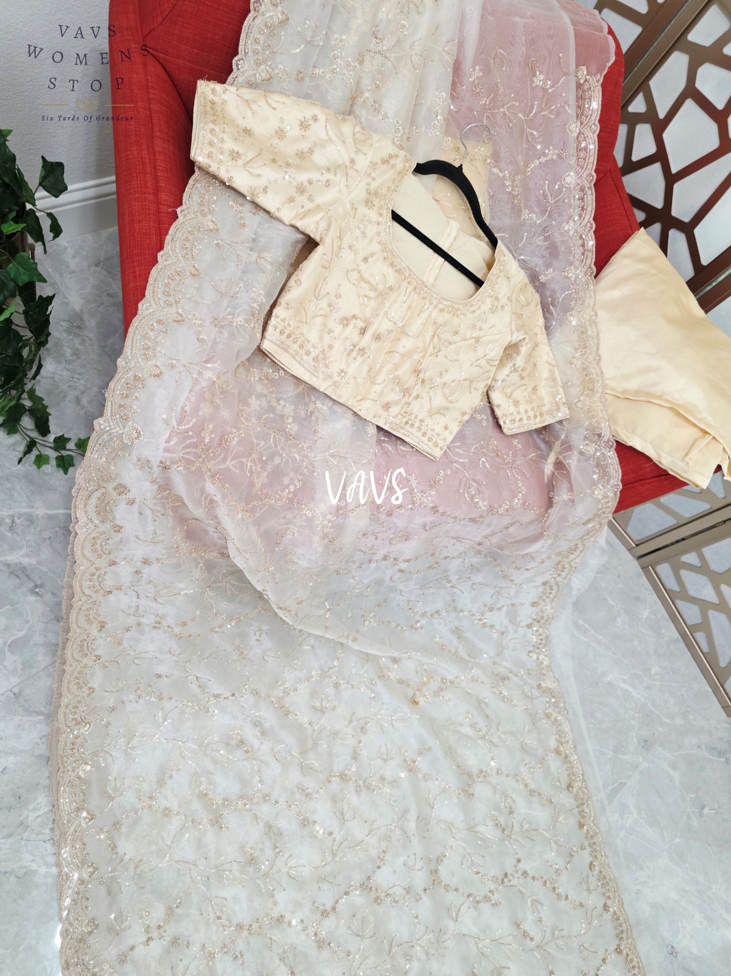 Pearl Ivory & Champagne Gold Soft Tissue Style Sequin Saree with Stitched Blouse Size 34, Extendable to 40 & Matching Satin Petticoat
