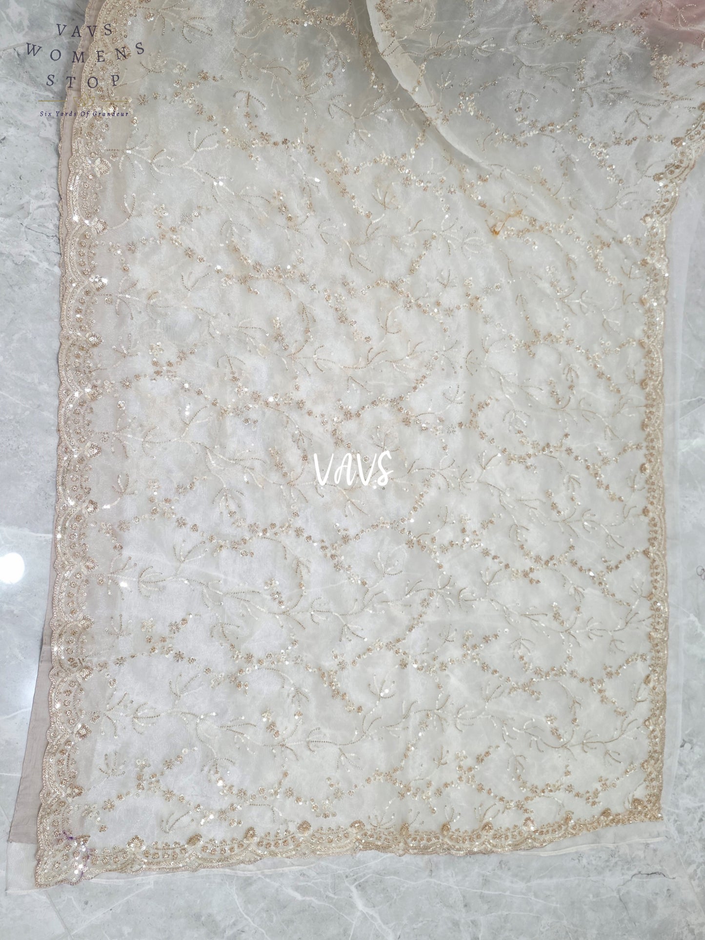 Pearl Ivory & Champagne Gold Soft Tissue Style Sequin Saree with Stitched Blouse Size 34, Extendable to 40 & Matching Satin Petticoat