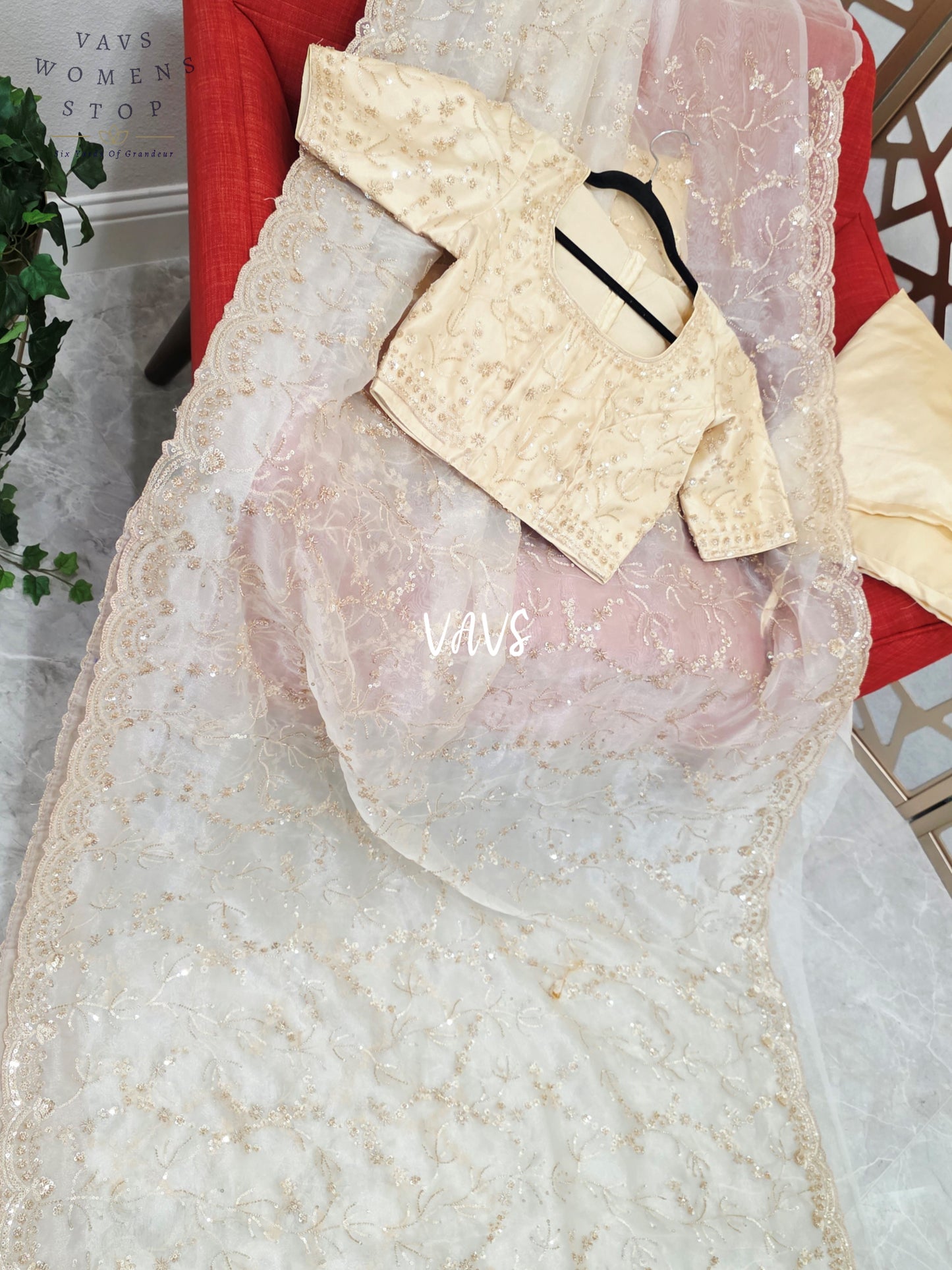 Pearl Ivory & Champagne Gold Soft Tissue Style Sequin Saree with Stitched Blouse Size 34, Extendable to 40 & Matching Satin Petticoat