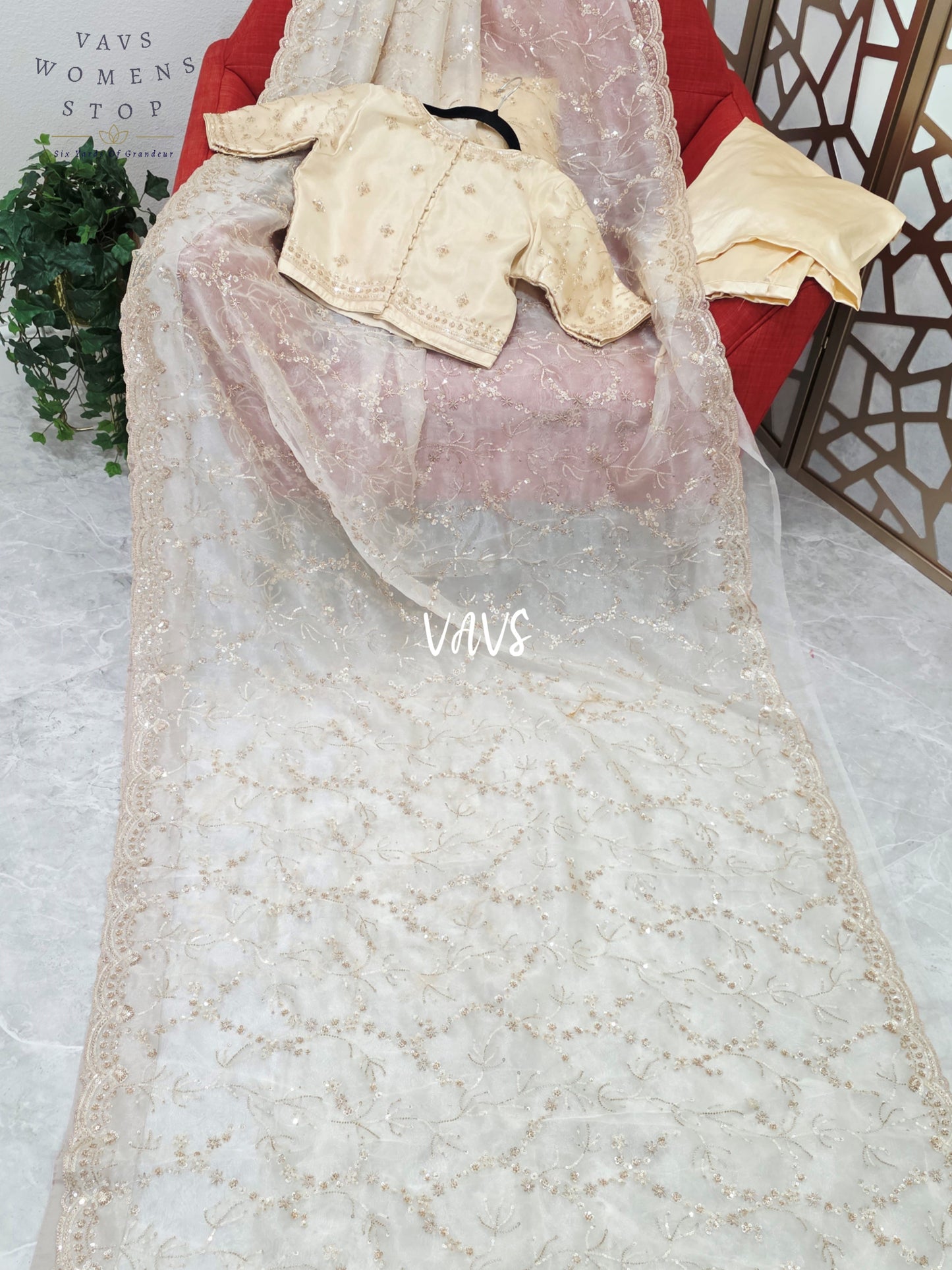 Pearl Ivory & Champagne Gold Soft Tissue Style Sequin Saree with Stitched Blouse Size 34, Extendable to 40 & Matching Satin Petticoat