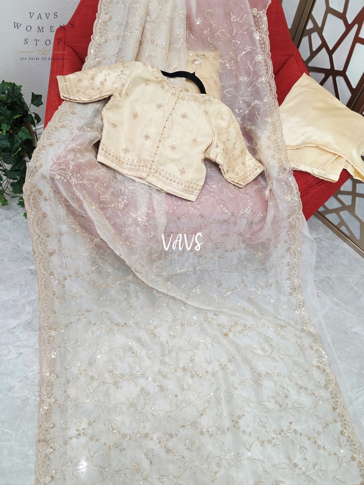 Pearl Ivory & Champagne Gold Soft Tissue Style Sequin Saree with Stitched Blouse Size 34, Extendable to 40 & Matching Satin Petticoat