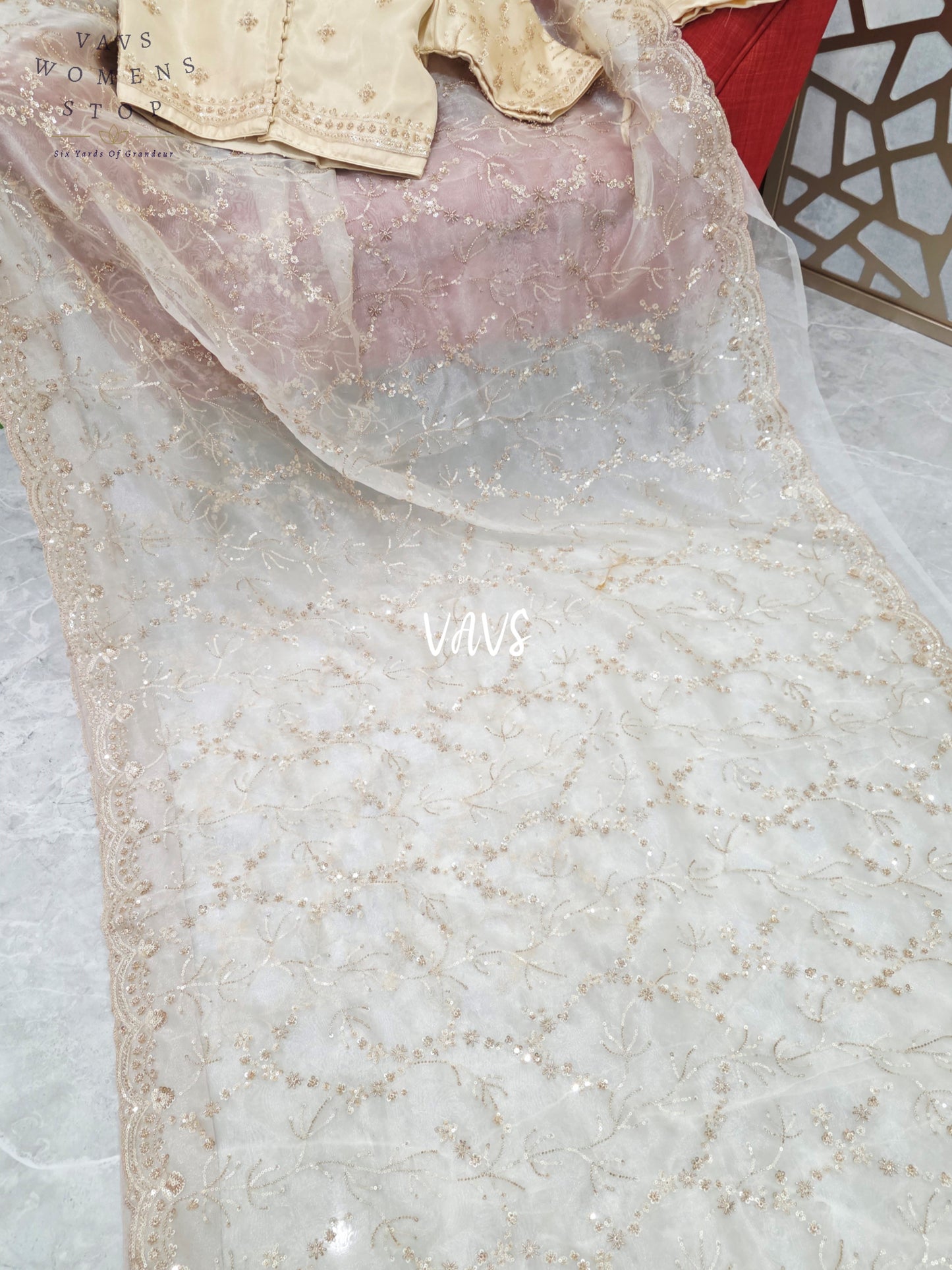 Pearl Ivory & Champagne Gold Soft Tissue Style Sequin Saree with Stitched Blouse Size 34, Extendable to 40 & Matching Satin Petticoat