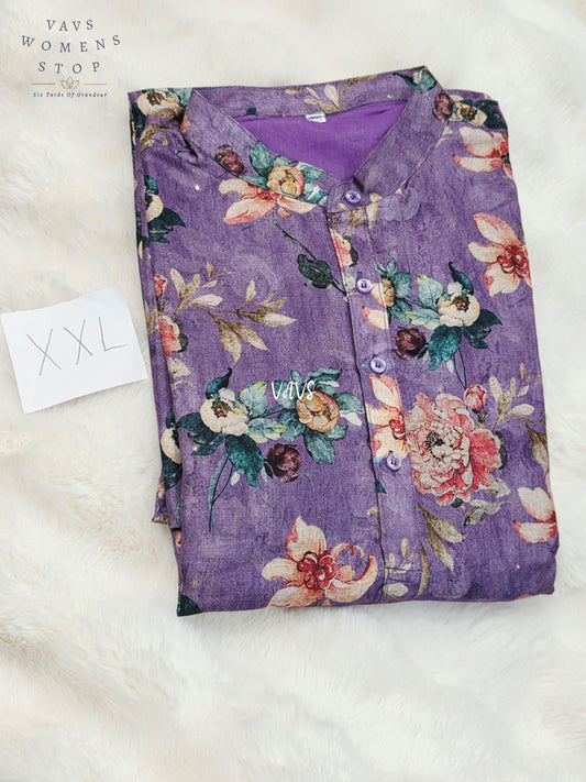 Men’s Dusty Amethyst Purple Tussar Silk Kalamkari Floral Kurta – XXL