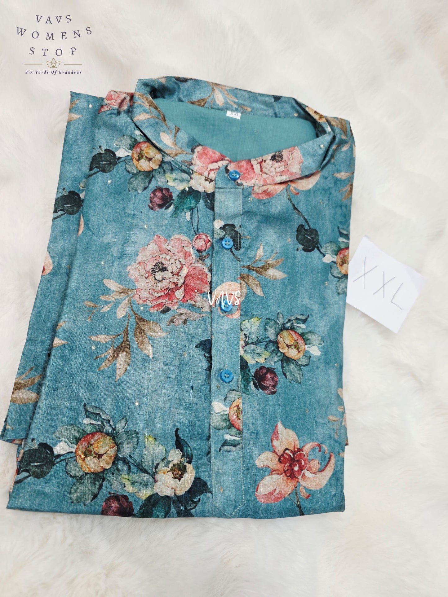 Men’s Peacock Teal Tussar Silk Kalamkari Floral Kurta – XXL