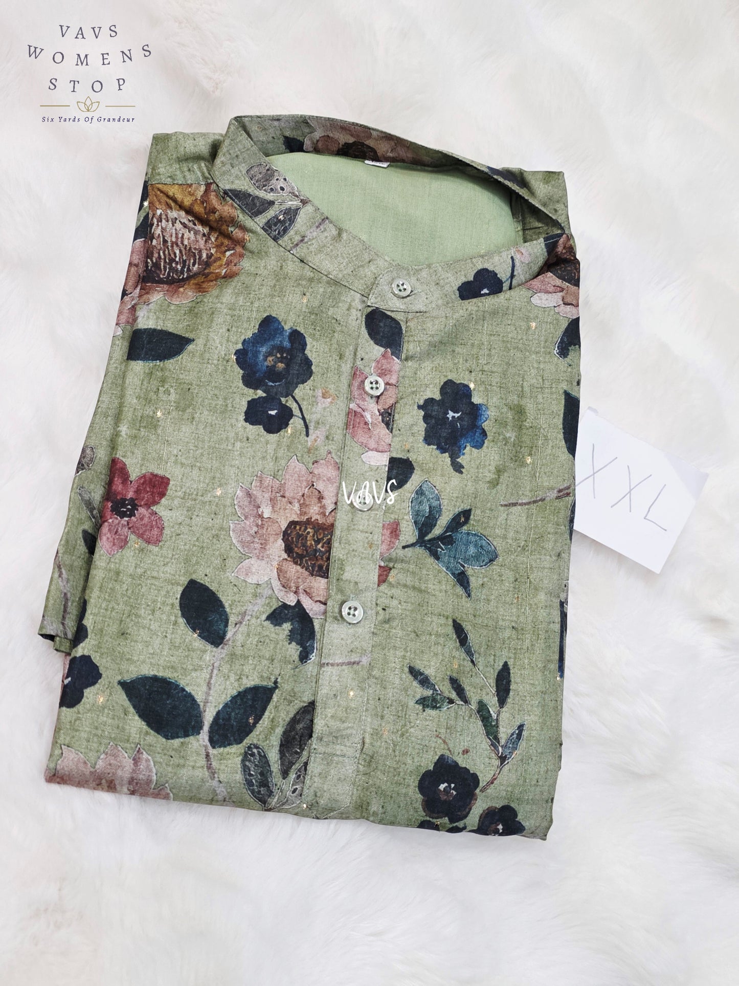 Men’s Sage Green Tussar Silk Kalamkari Floral Kurta – XXL