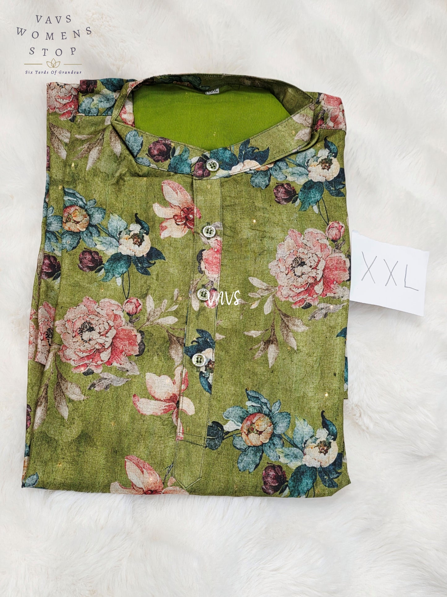 Men’s Olive Green Tussar Silk Kalamkari Floral Kurta – XXL