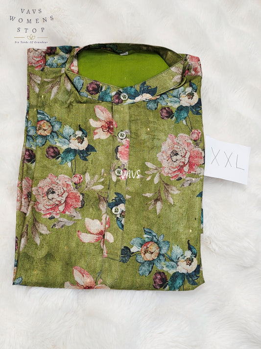 Men’s Olive Green Tussar Silk Kalamkari Floral Kurta – XXL