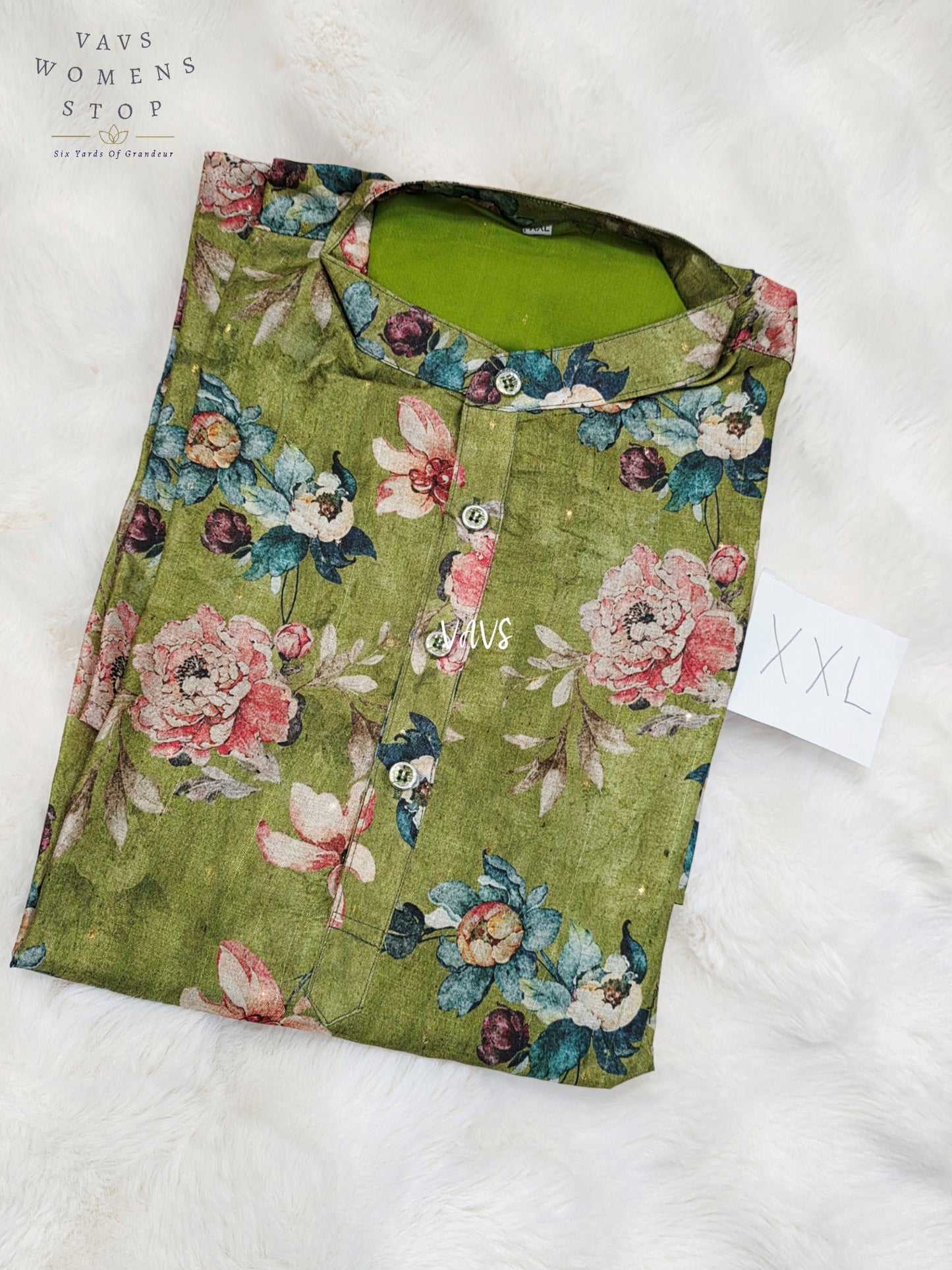 Men’s Olive Green Tussar Silk Kalamkari Floral Kurta – XXL