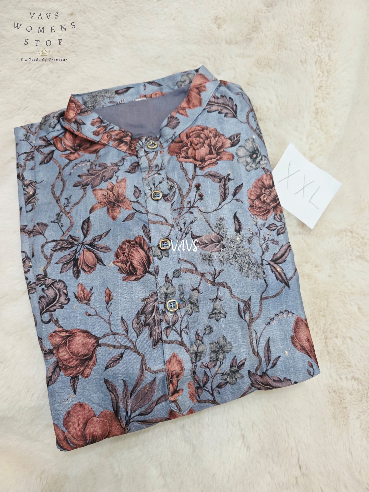 Men’s Powder Blue Tussar Silk Kalamkari Floral Kurta – XXL