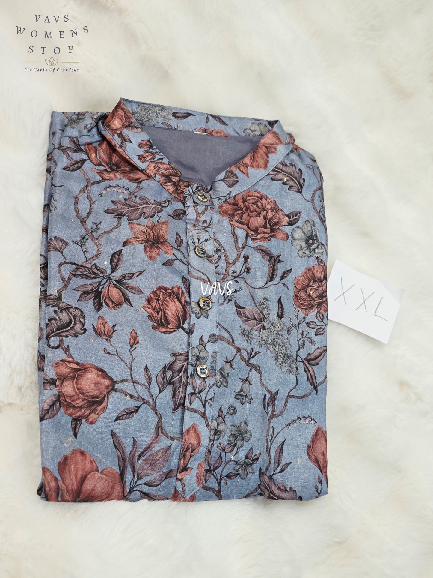 Men’s Powder Blue Tussar Silk Kalamkari Floral Kurta – XXL